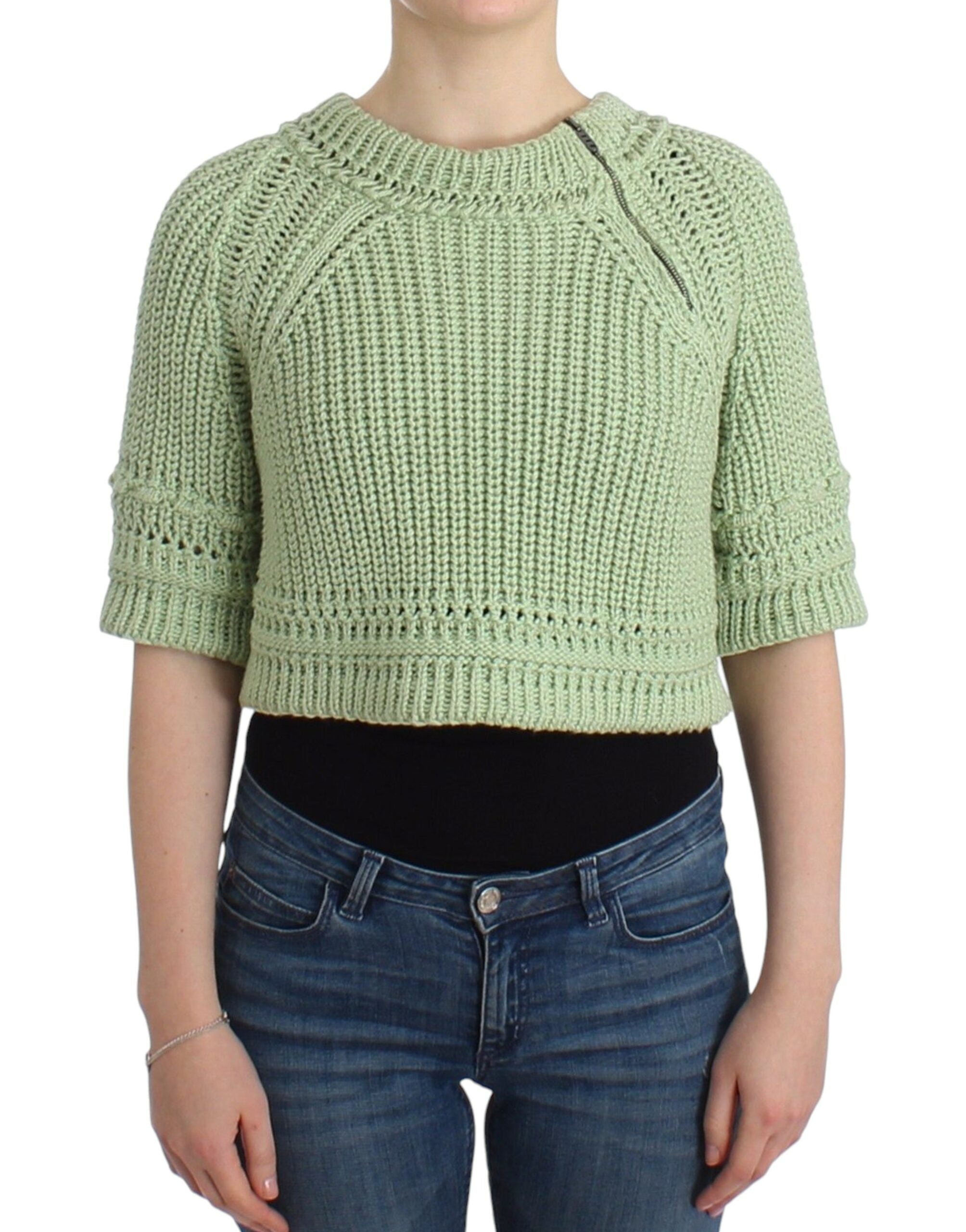 Cotton Blend Cropped Knit Sweater — Green