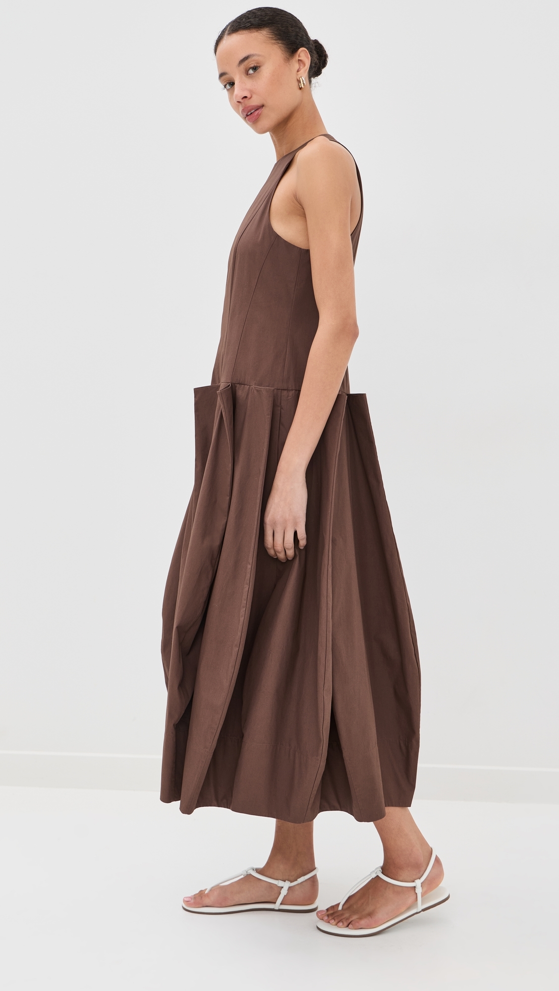 Compact Poplin Pinched Pleat Dress Sepia Brown