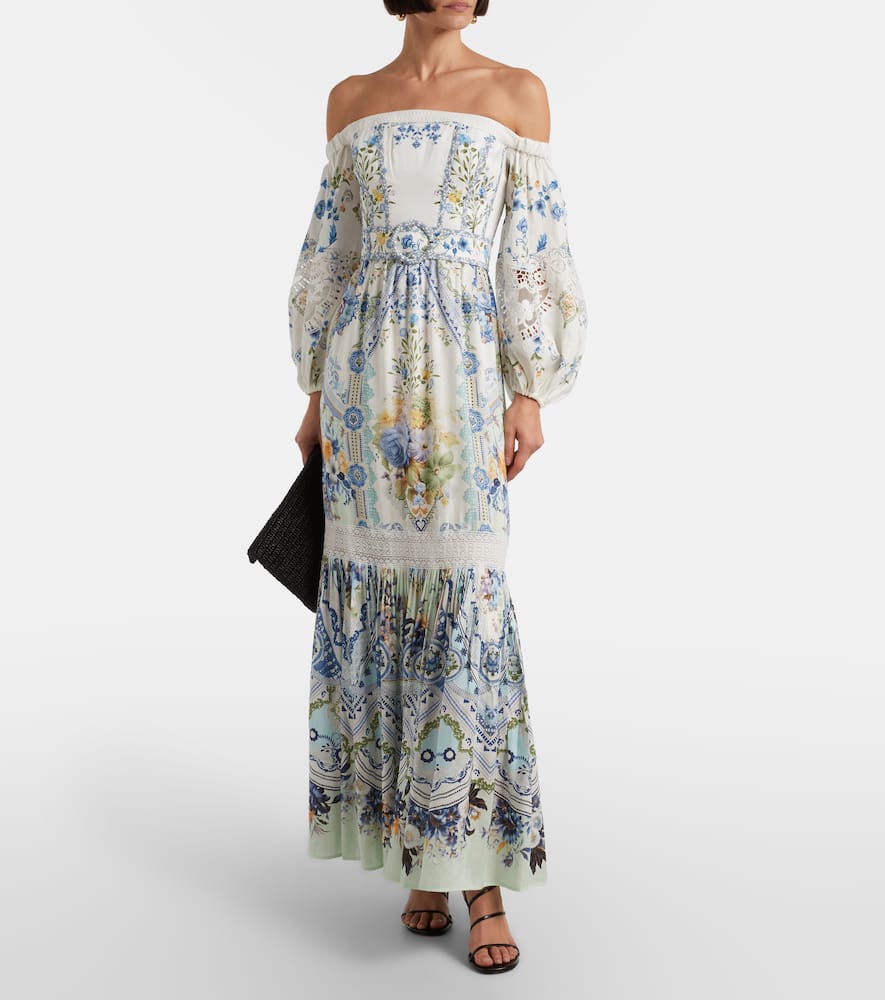 Floral off-shoulder linen and silk maxi dress