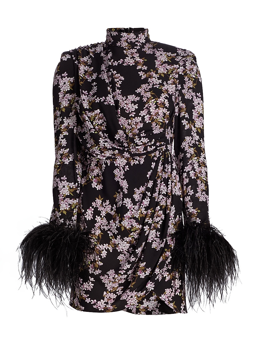 Women's Nadine Floral Feather-Cuff Minidress - Black Multi