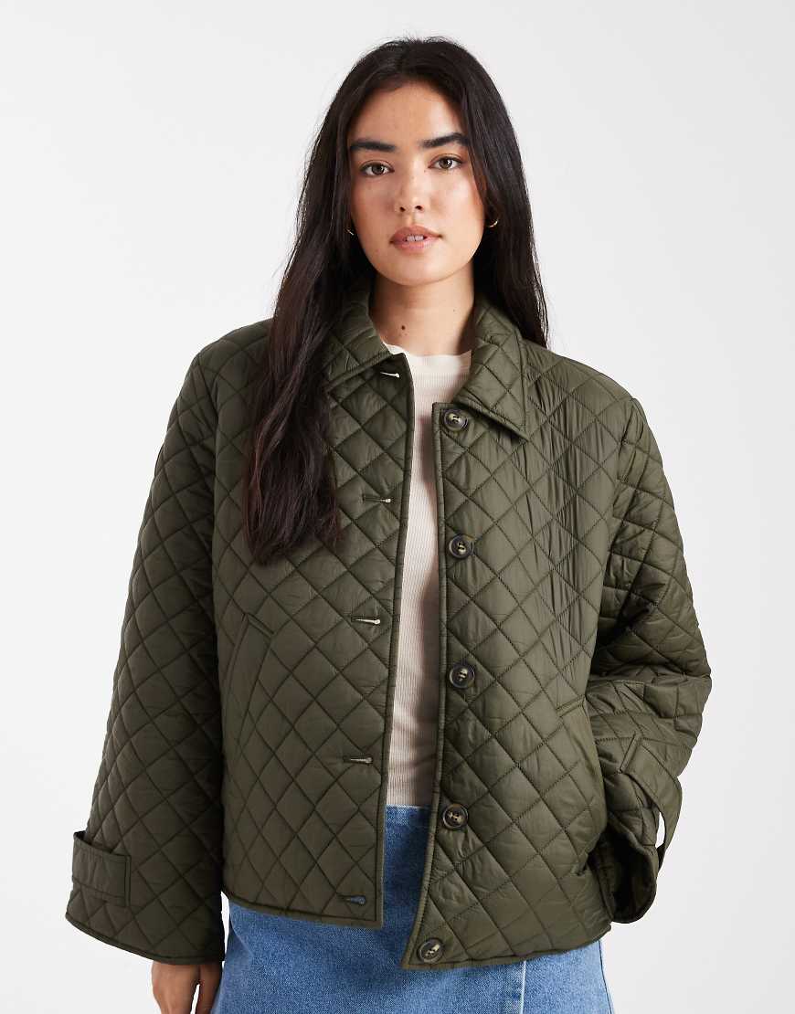 Button down quilted jacket in deep khaki-Green