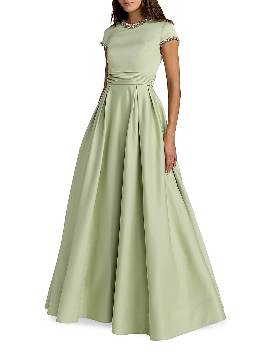 Women's Embellished Satin Cap-Sleeve Gown - Sage