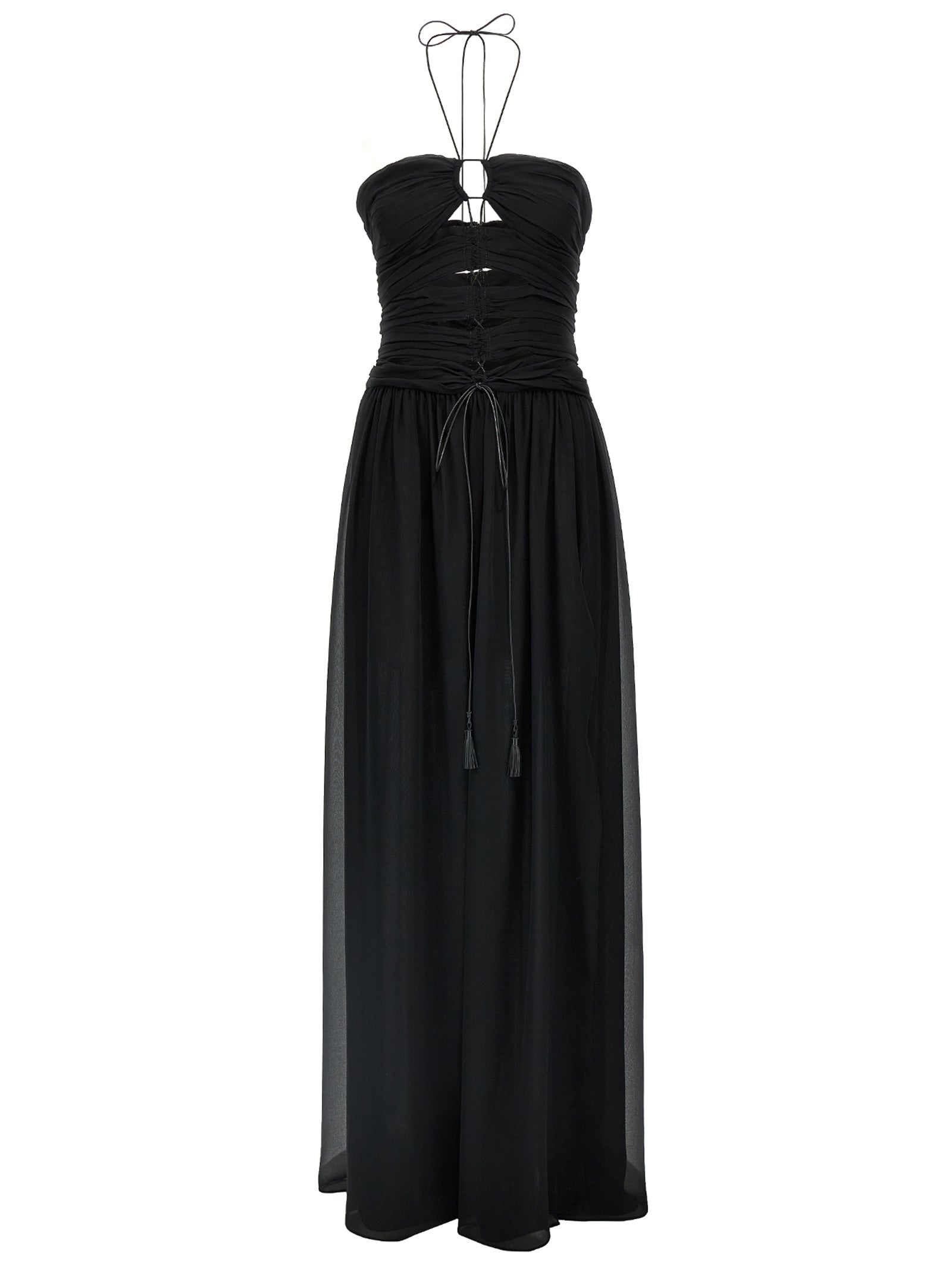 Silk Halter Maxi with Ruched Bodice Dress — Black