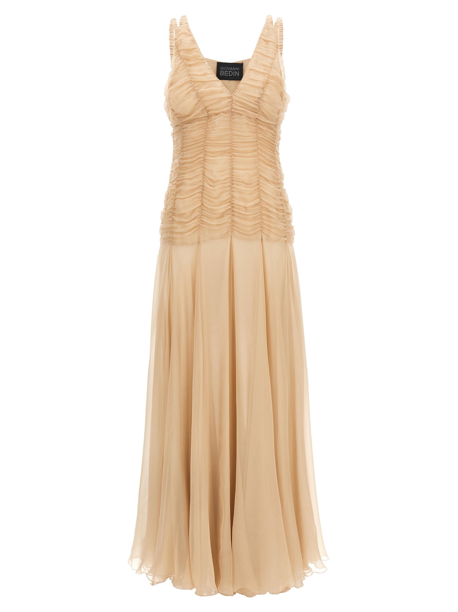 Silk Chiffon Smocked Dress — Beige