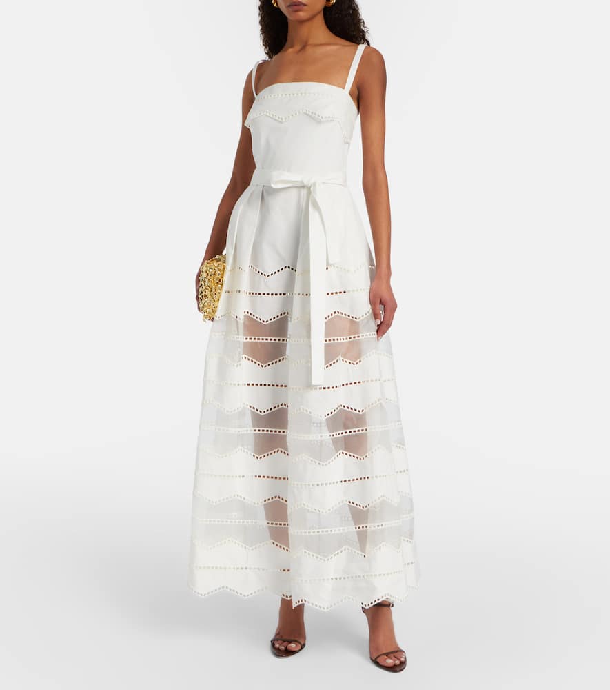 Belted organza-trimmed cotton maxi dress