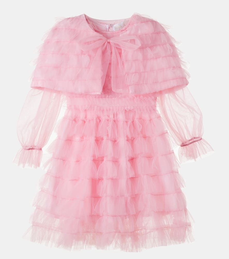 Cape-detail ruffled tulle dress