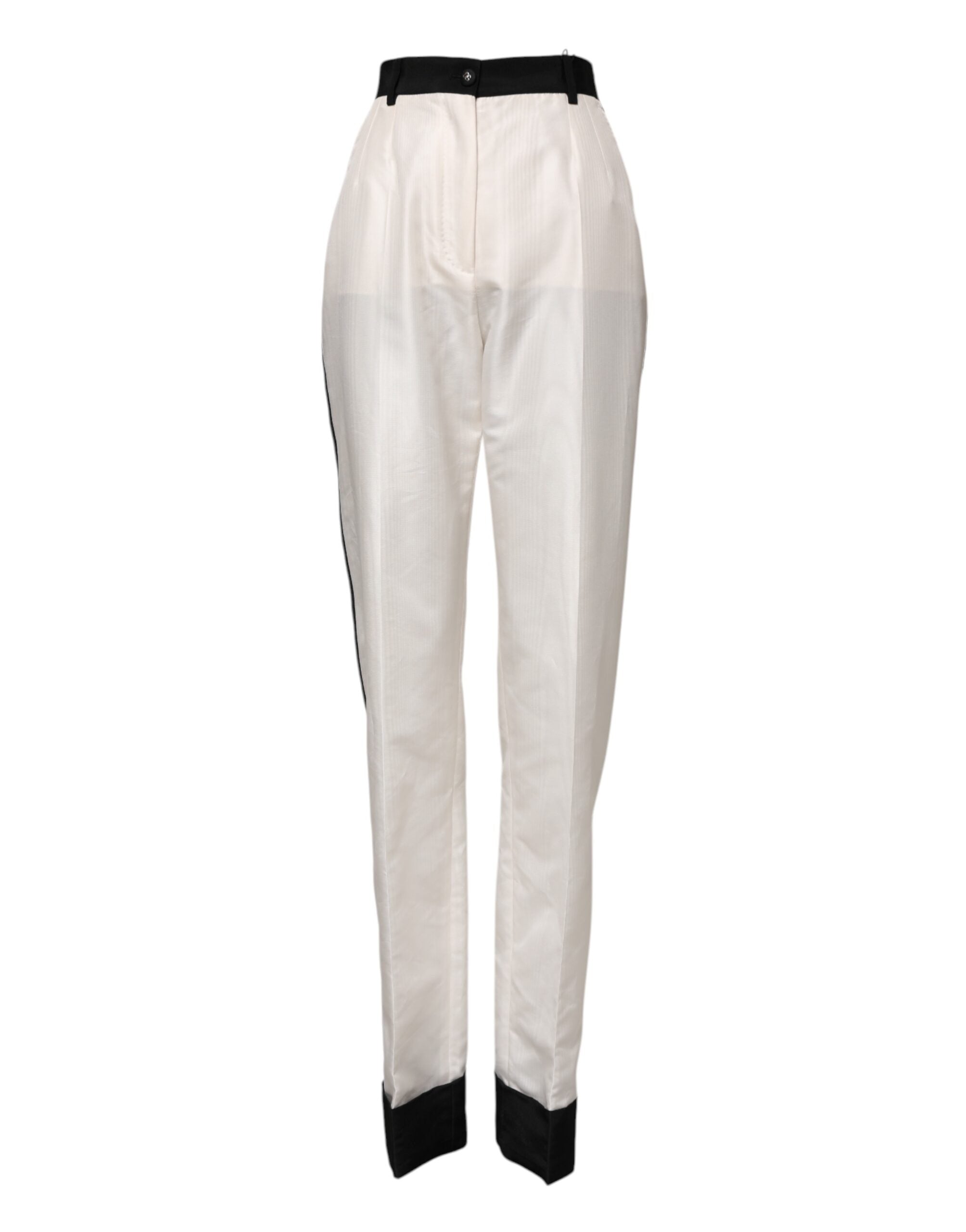 High-Waist Straight Polyester-Silk Trousers — White
