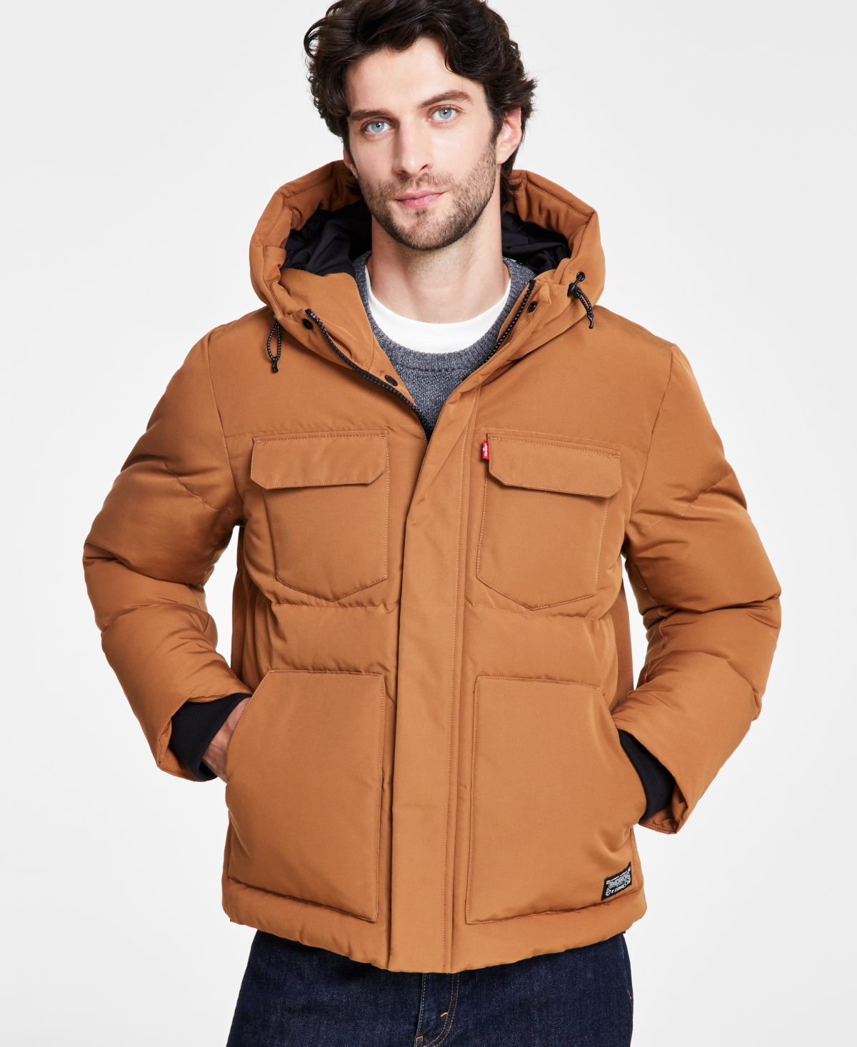 Men's Quilted Hooded Puffer Jacket - Brown