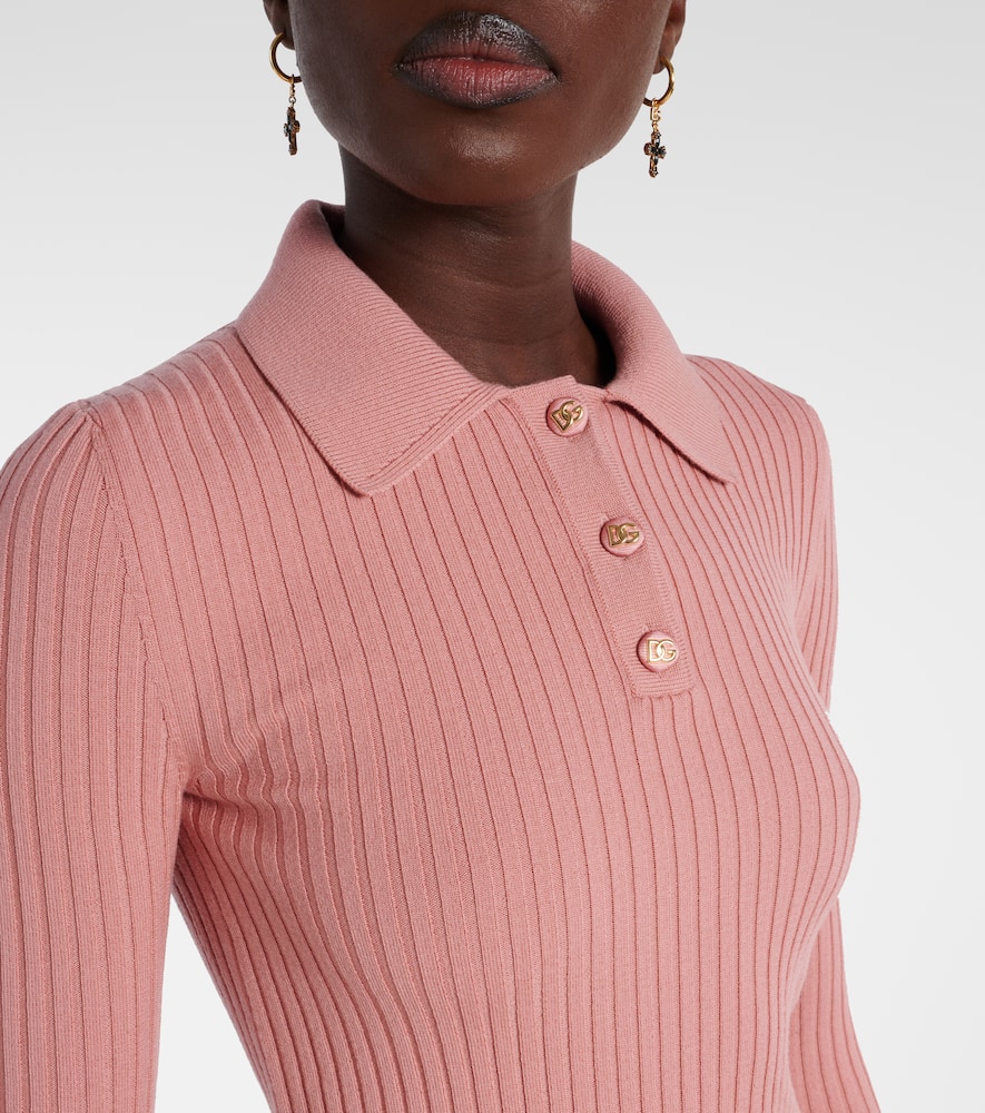 Ribbed-knit wool-blend polo sweater
