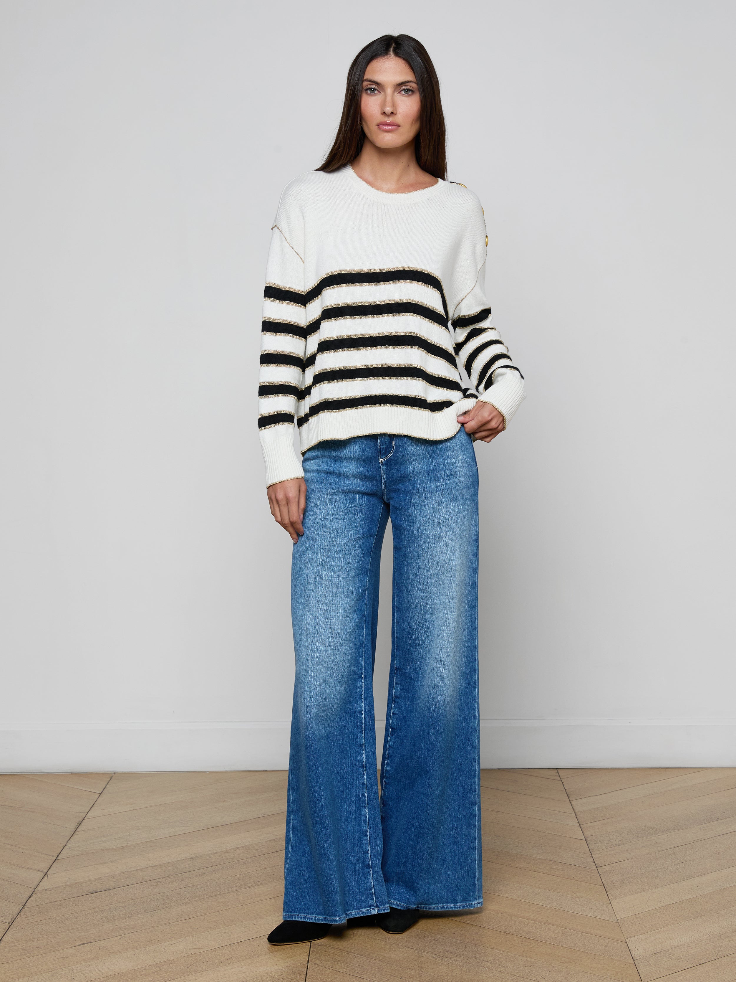 Bishop Striped Sweater In Ivory/black/gold Stripe