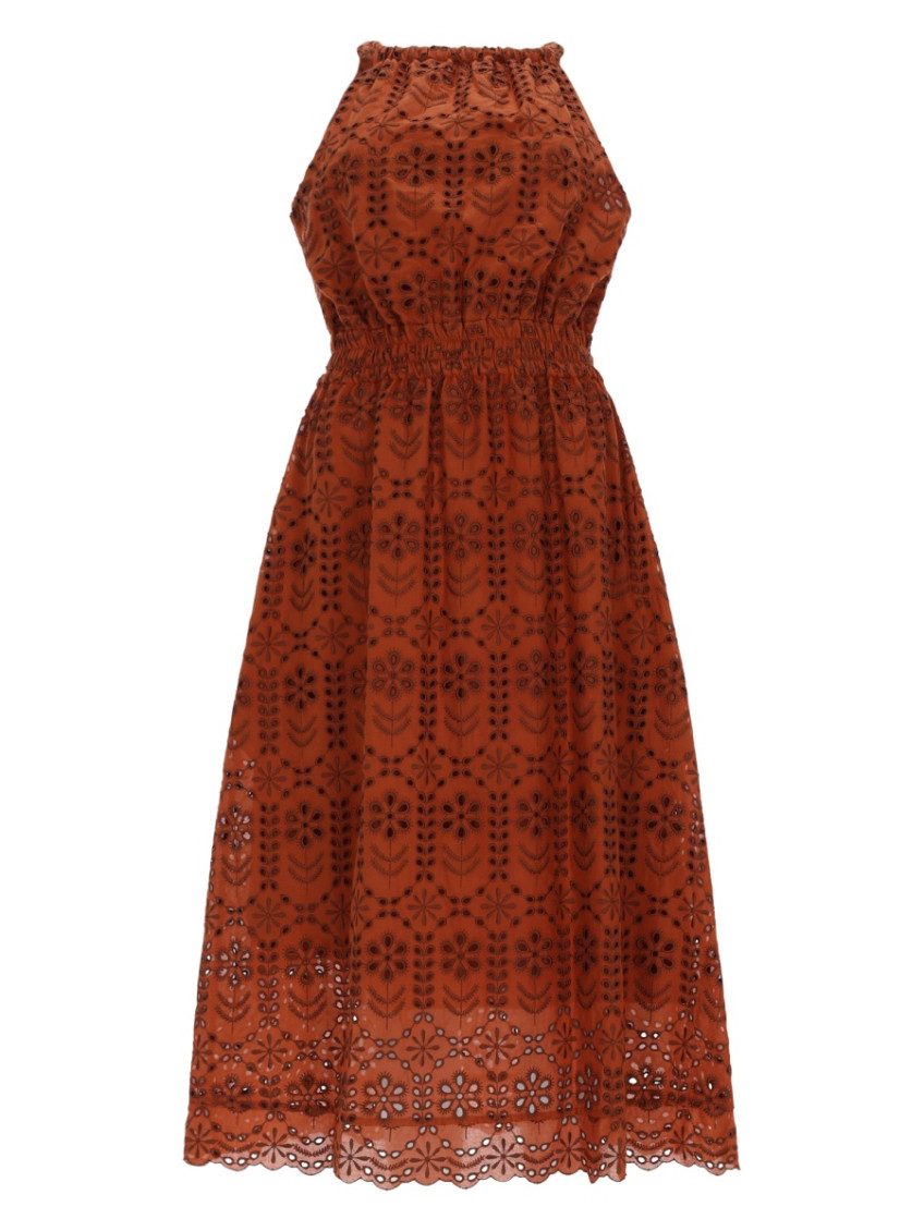 Brown Embroidered Halter Neck Midi Dress