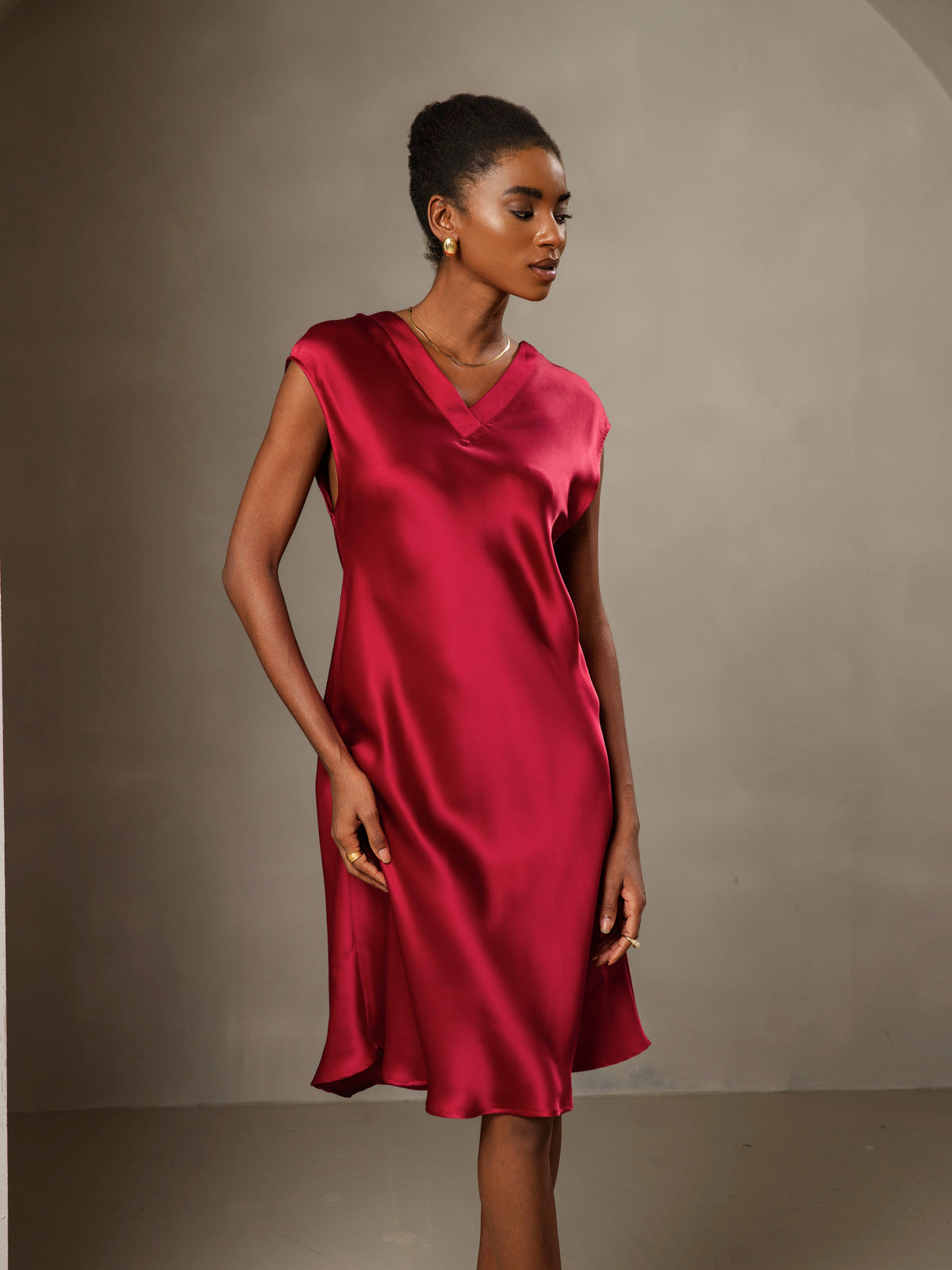 Pure Silk Cap Sleeve V Neck Knee Dress