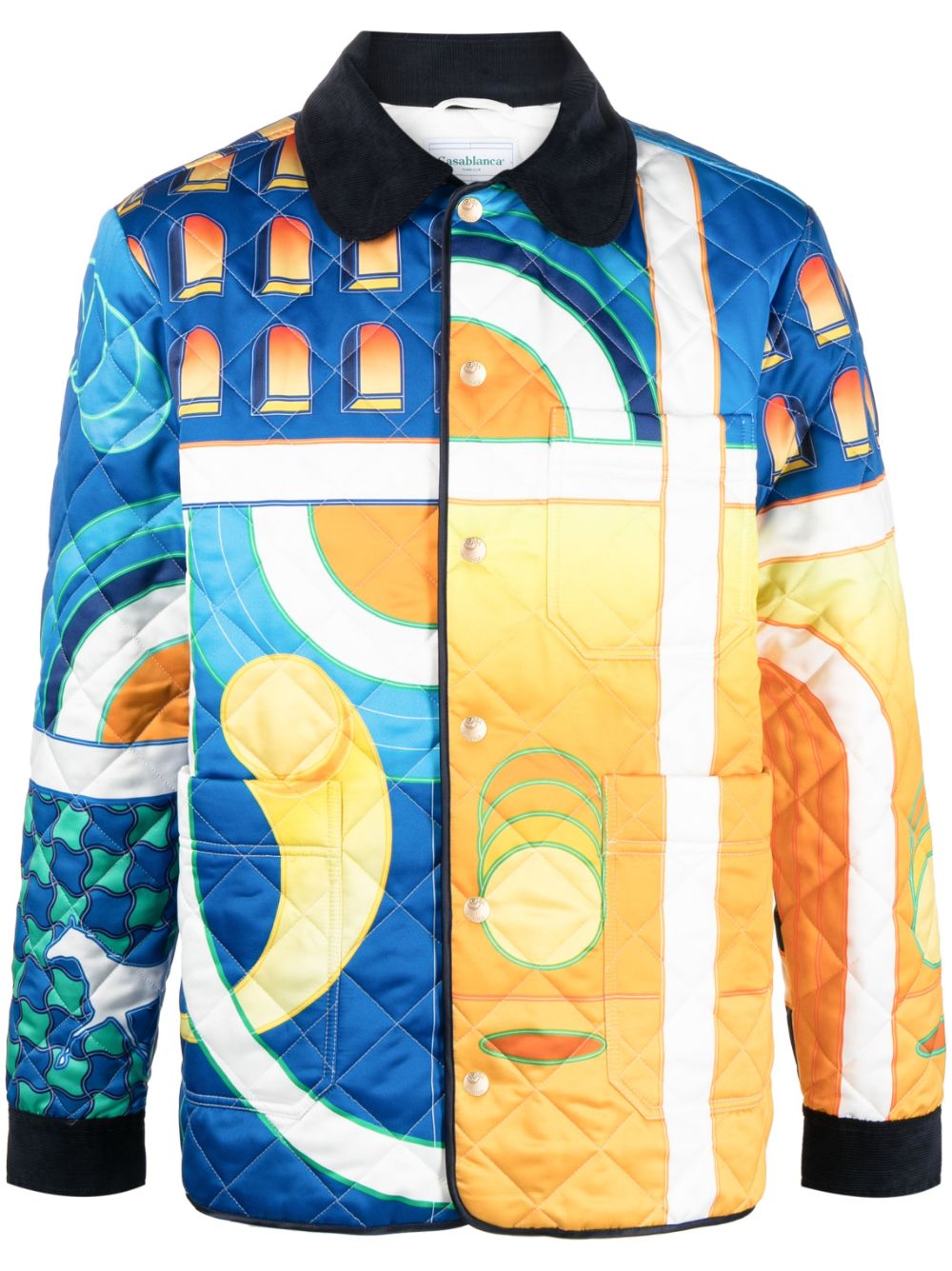 Paysage-print quilted jacket - Blue