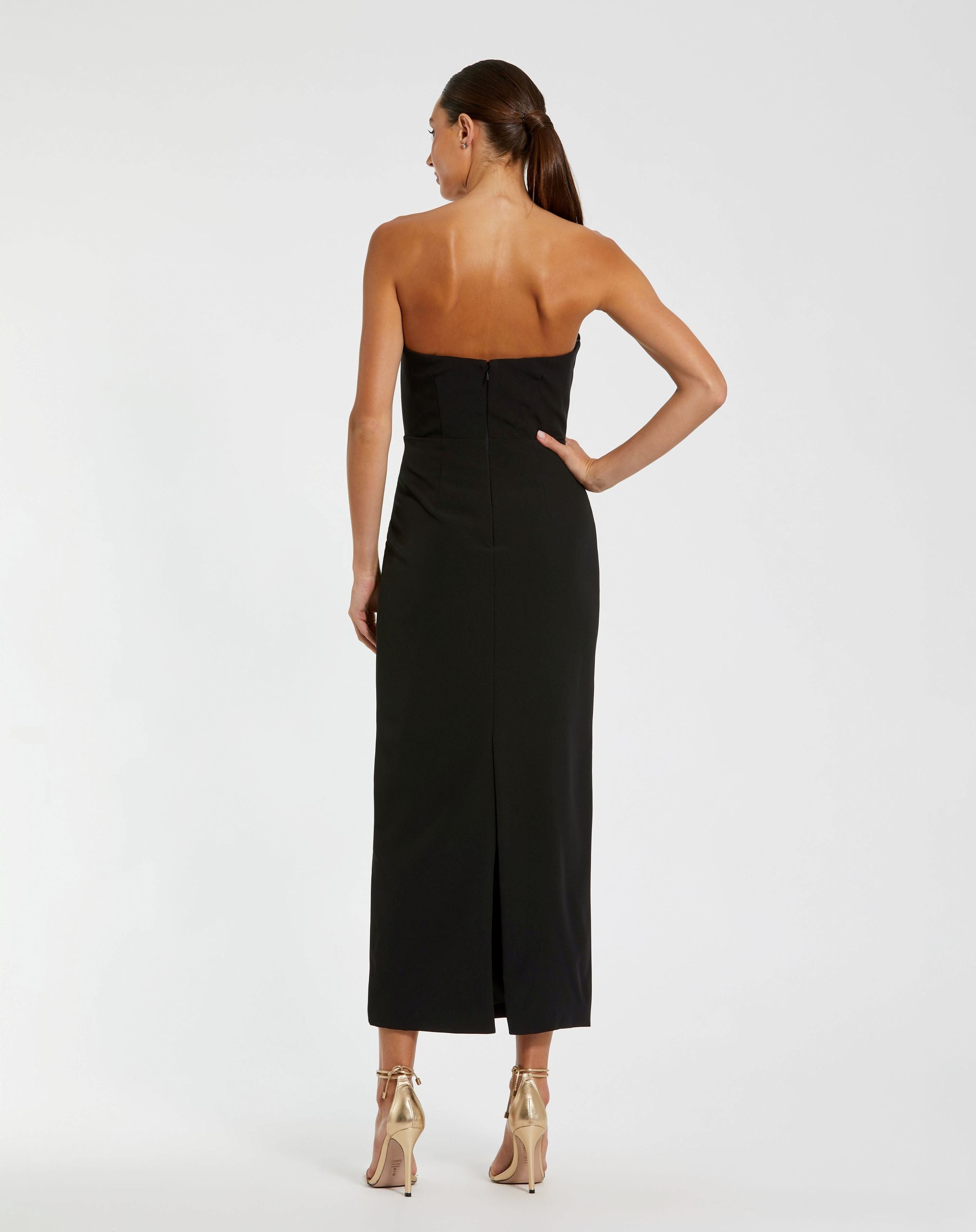 Black Strapless Crepe Ankle Wedding Guest Dress with 3D Satin Flowers Black Ivory