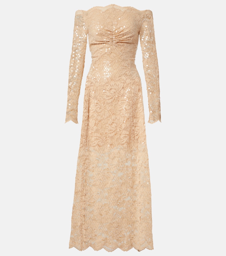 Sequined off-shoulder lace maxi dress
