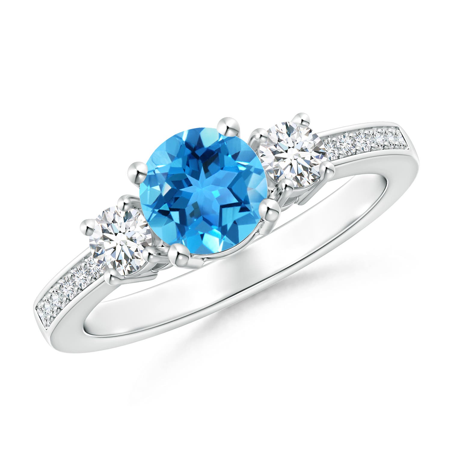 Angara 0.95 Carat Classic Three Stone Round Swiss Blue Topaz and Diamond Engagement Ring in Platinum