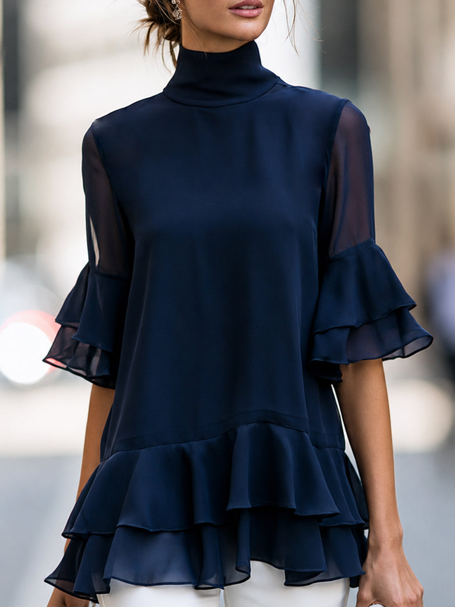 Sheer Sleeve Tiered Ruffle High Neck Blouse - Navy Blue