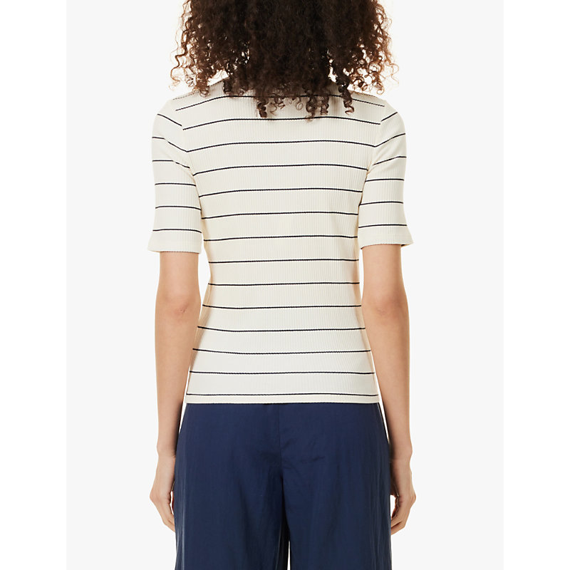 Womens Flaxen Stripe-pattern Round-neck Stretch-cotton T-shirt M