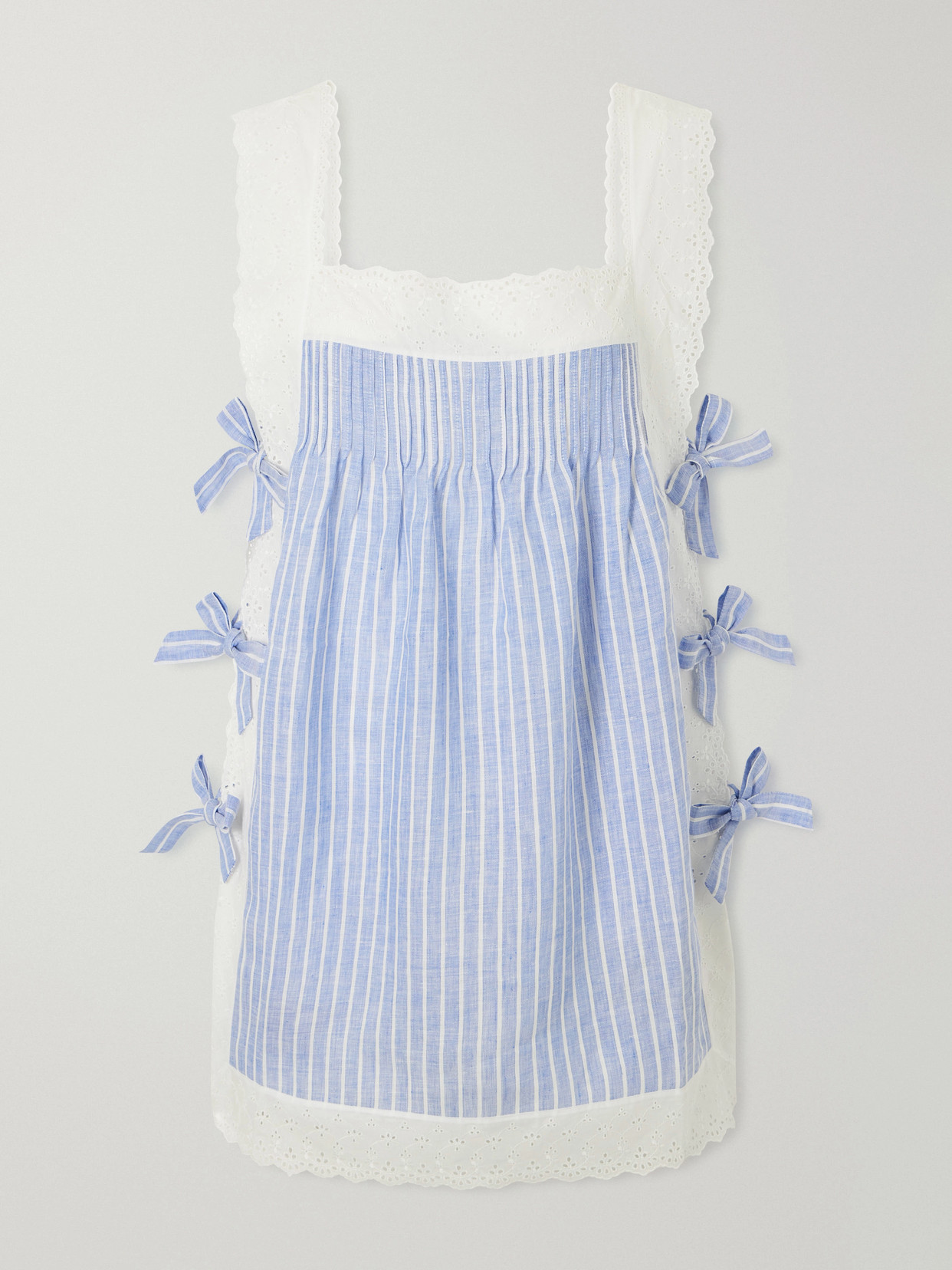 Fiocchini Bow-embellished Striped Broderie Anglaise-trimmed Linen Mini Dress - Blue
