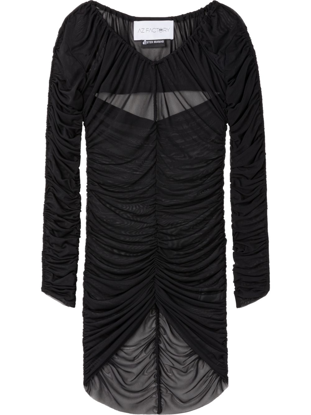 Ruched Cut-Out Mesh Blouse — Black