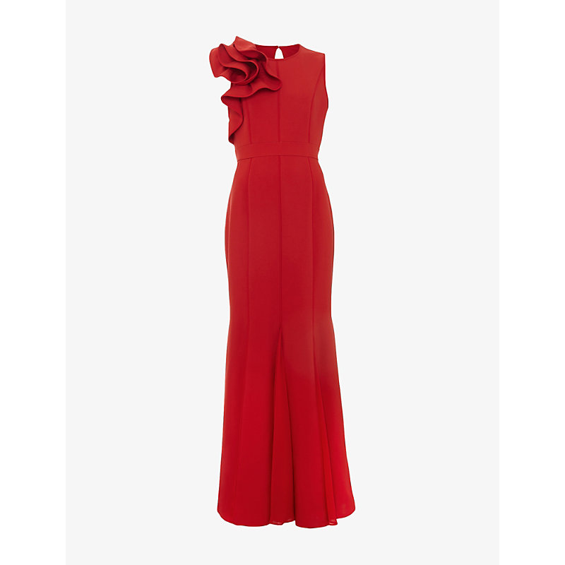 Womens Tyra Ruffle-Neck Sleeveless Stretch-Woven Maxi Dress