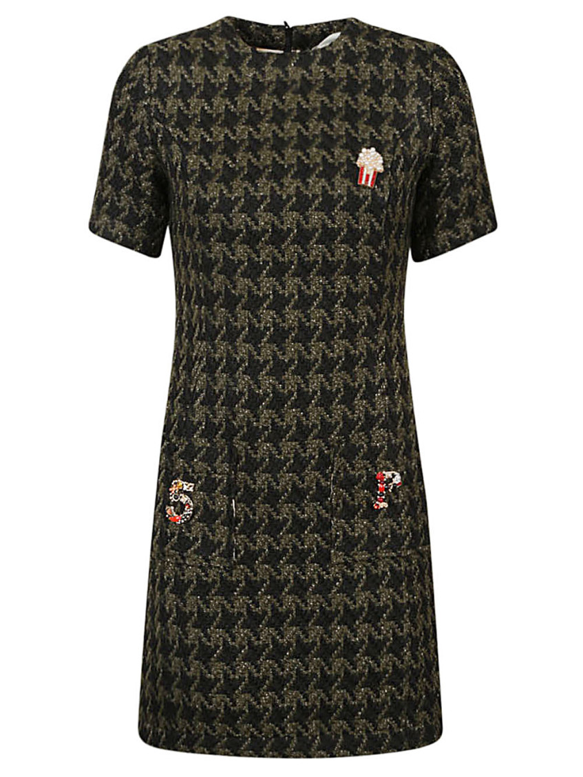 Green Houndstooth Wool Blend Short Dress