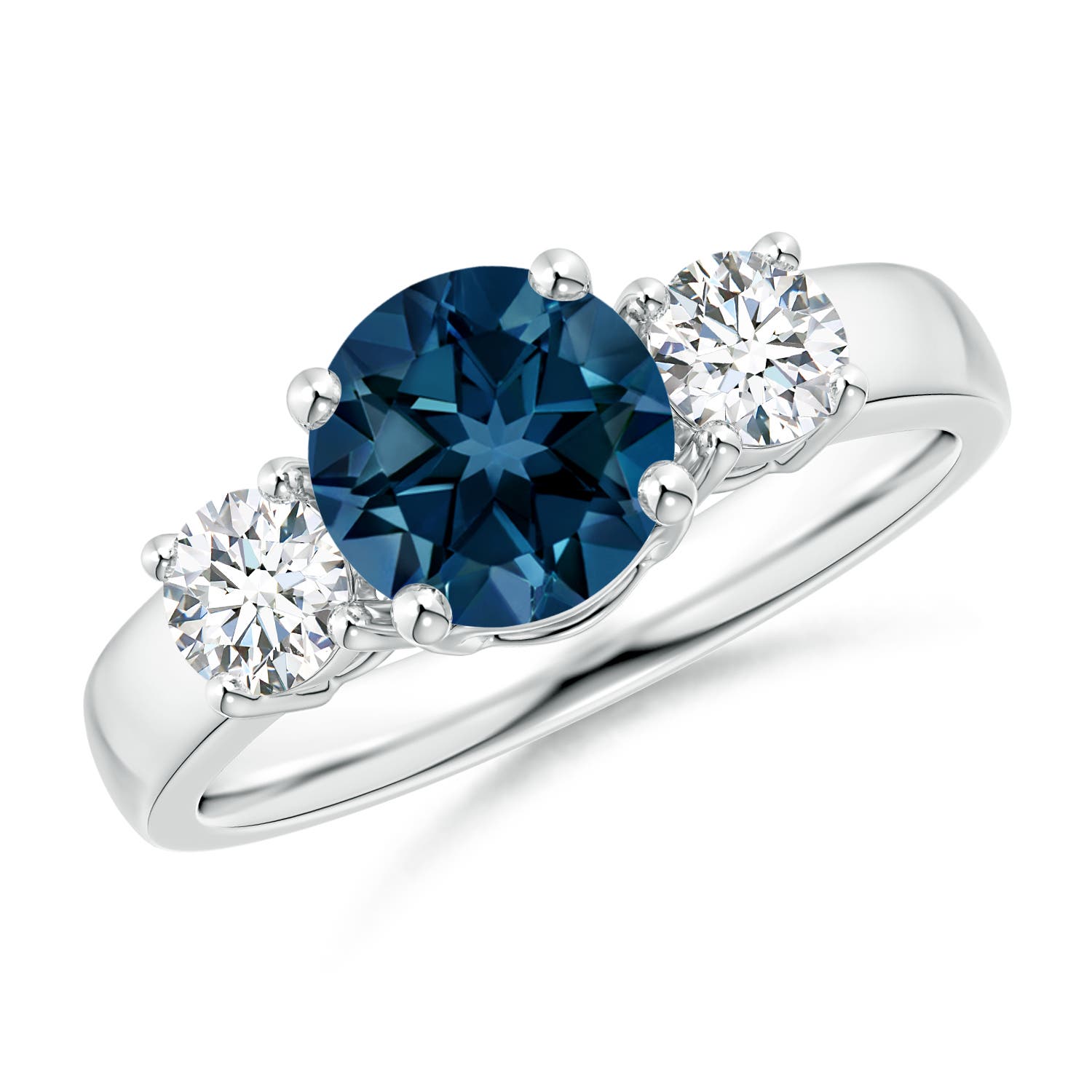 Angara 1.55 Carats Classic Round London Blue Topaz and Diamond Three Stone Engagement Ring in Platinum