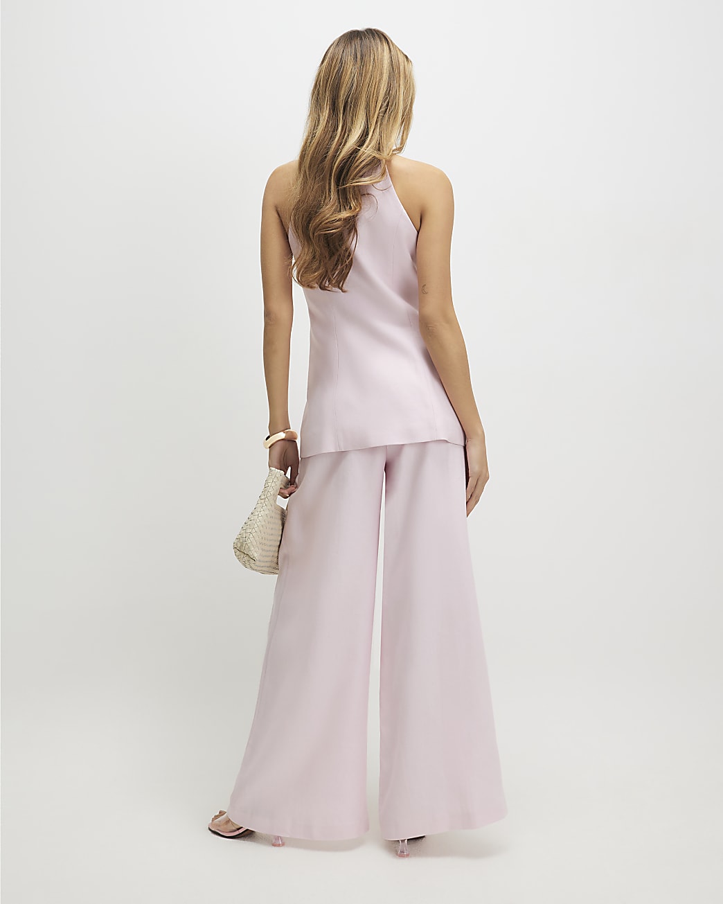 River Island Womens Wide Leg Trousers Pink Linen Look Belted