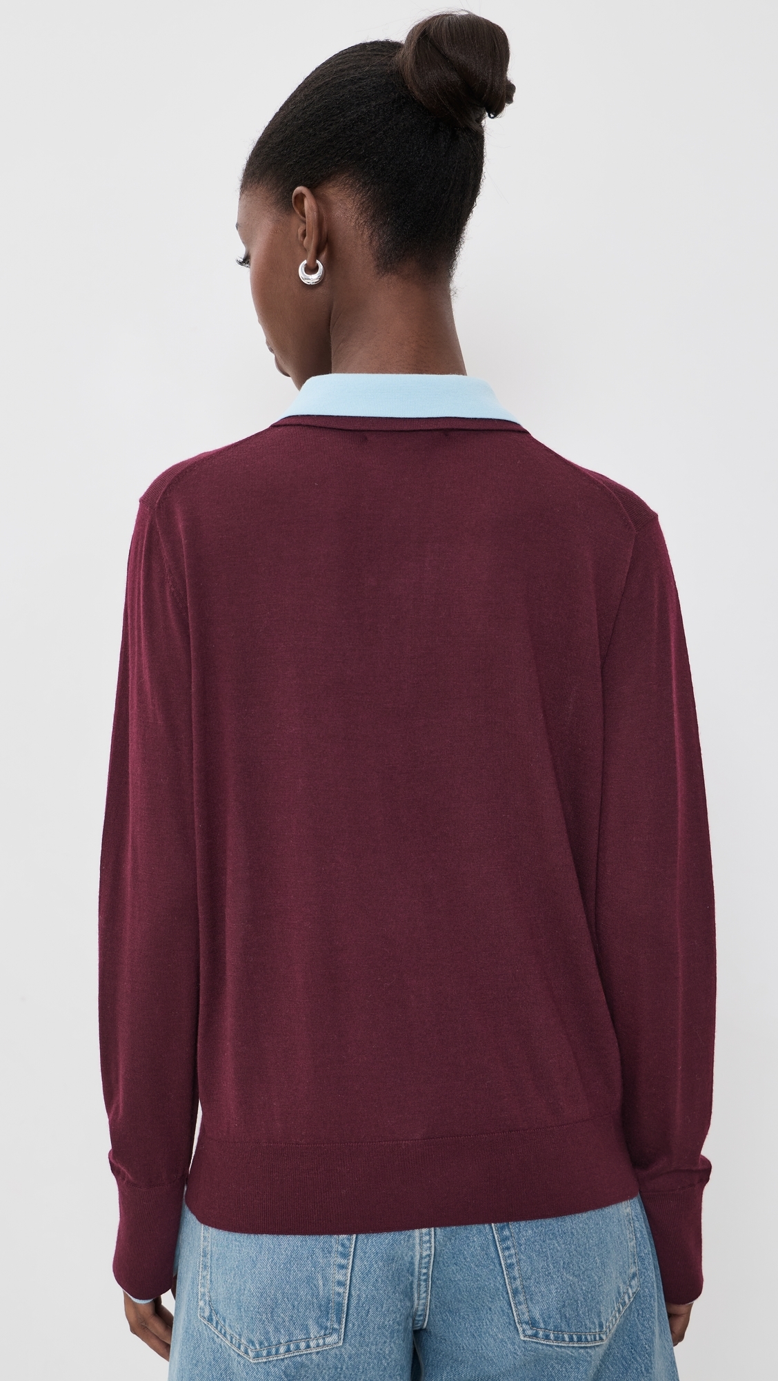 Superfine Merino Wool Layered Polo Black Cherry/Light Blue Trim