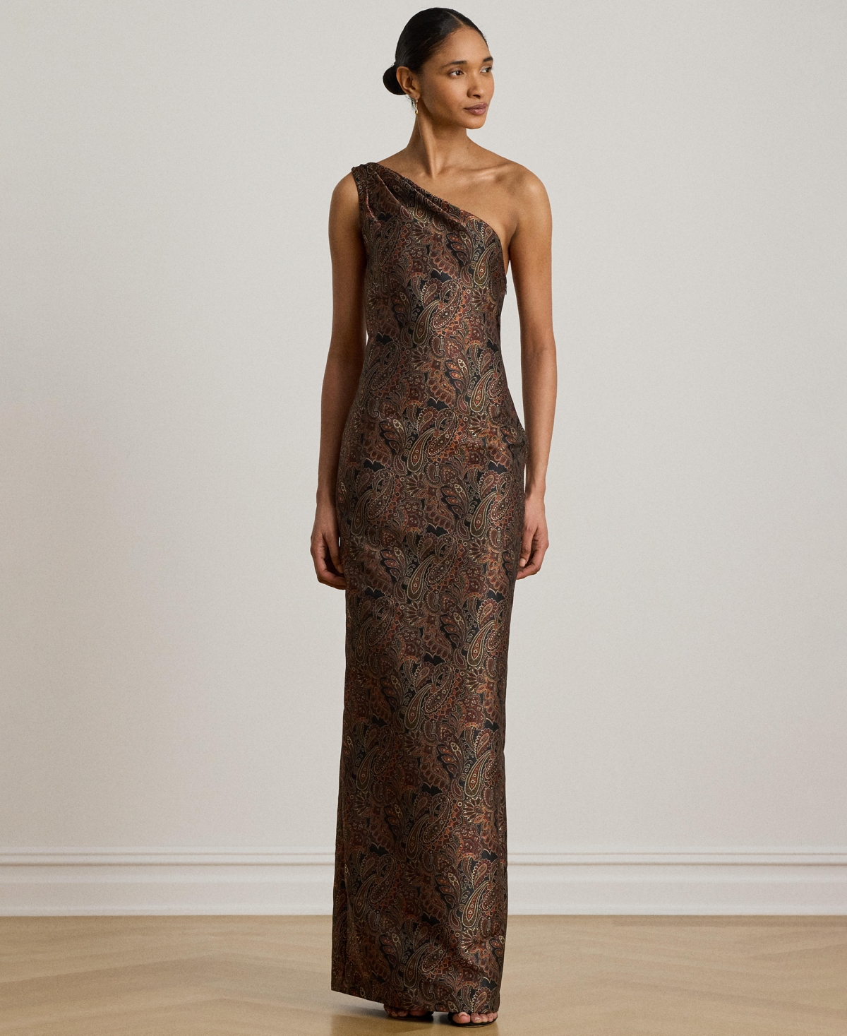 Paisley Jacquard One-Shoulder Gown - Black Multi