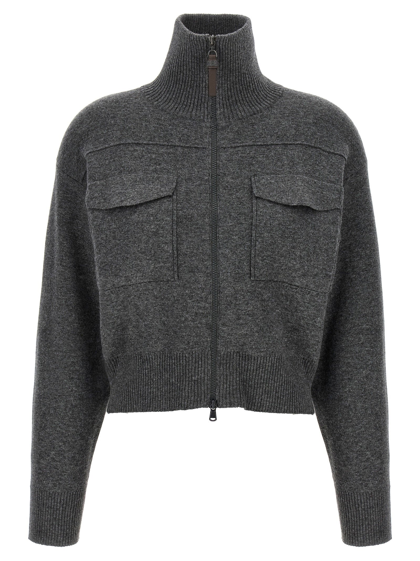 Shiny Zipper Pull Wool Cardigan