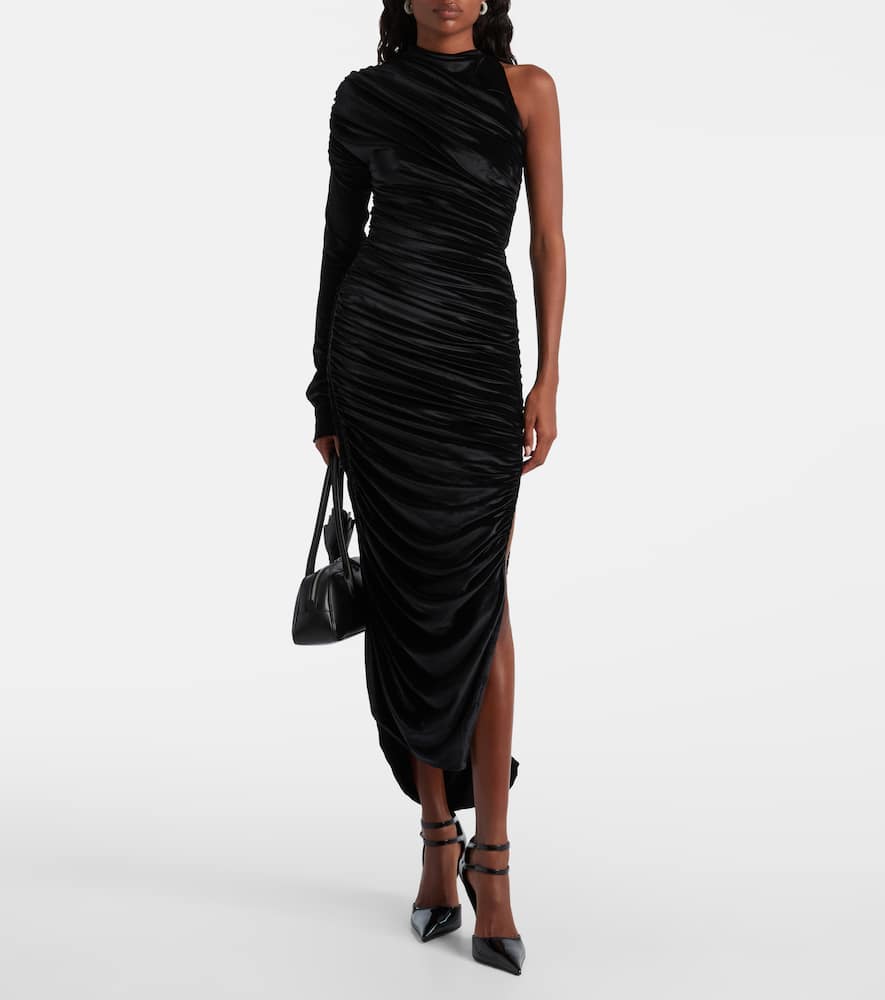 Asymmetric velvet jersey maxi dress