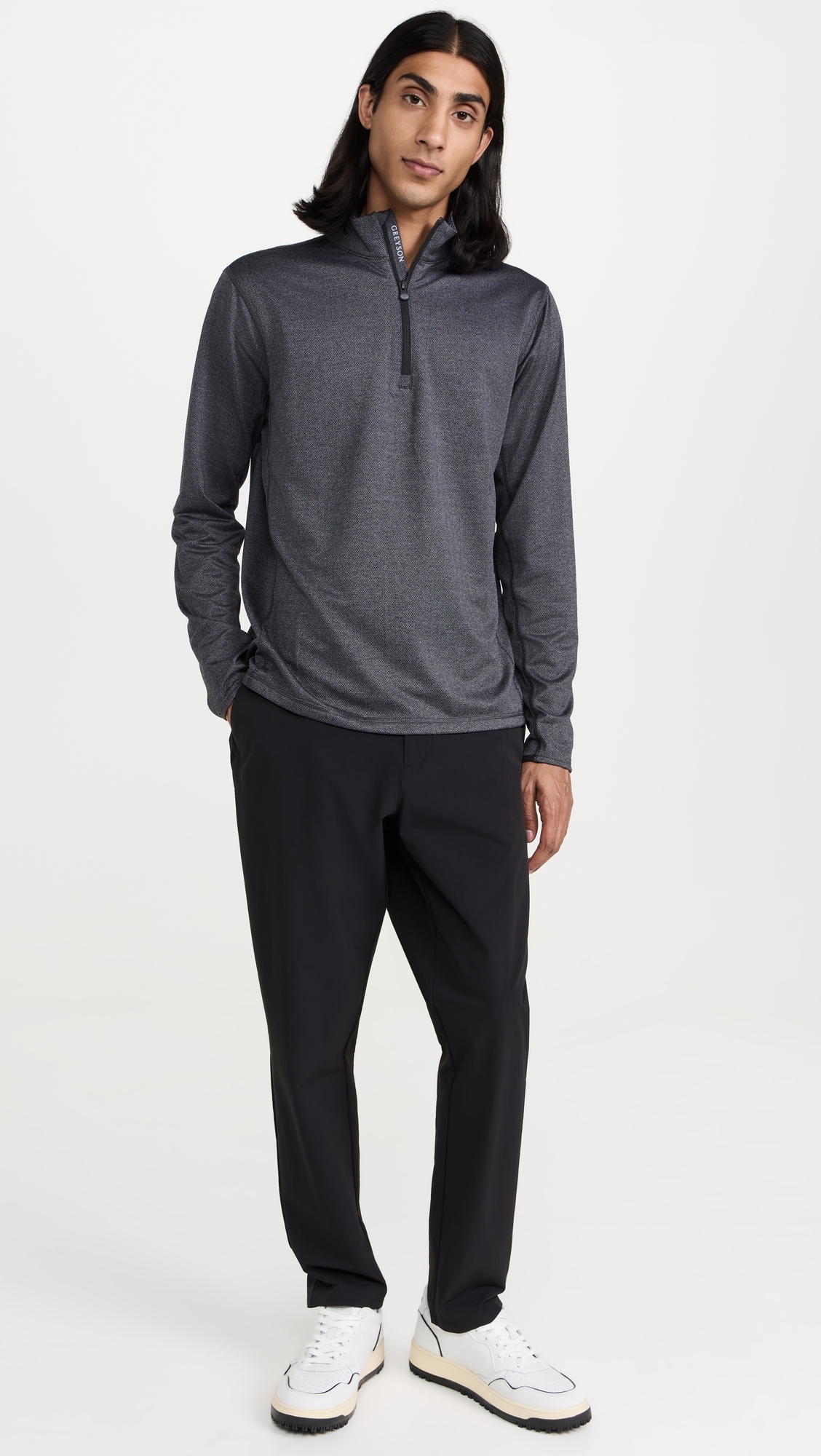 Tate Herringbone Mock Neck Quarter Zip Black Herringbone