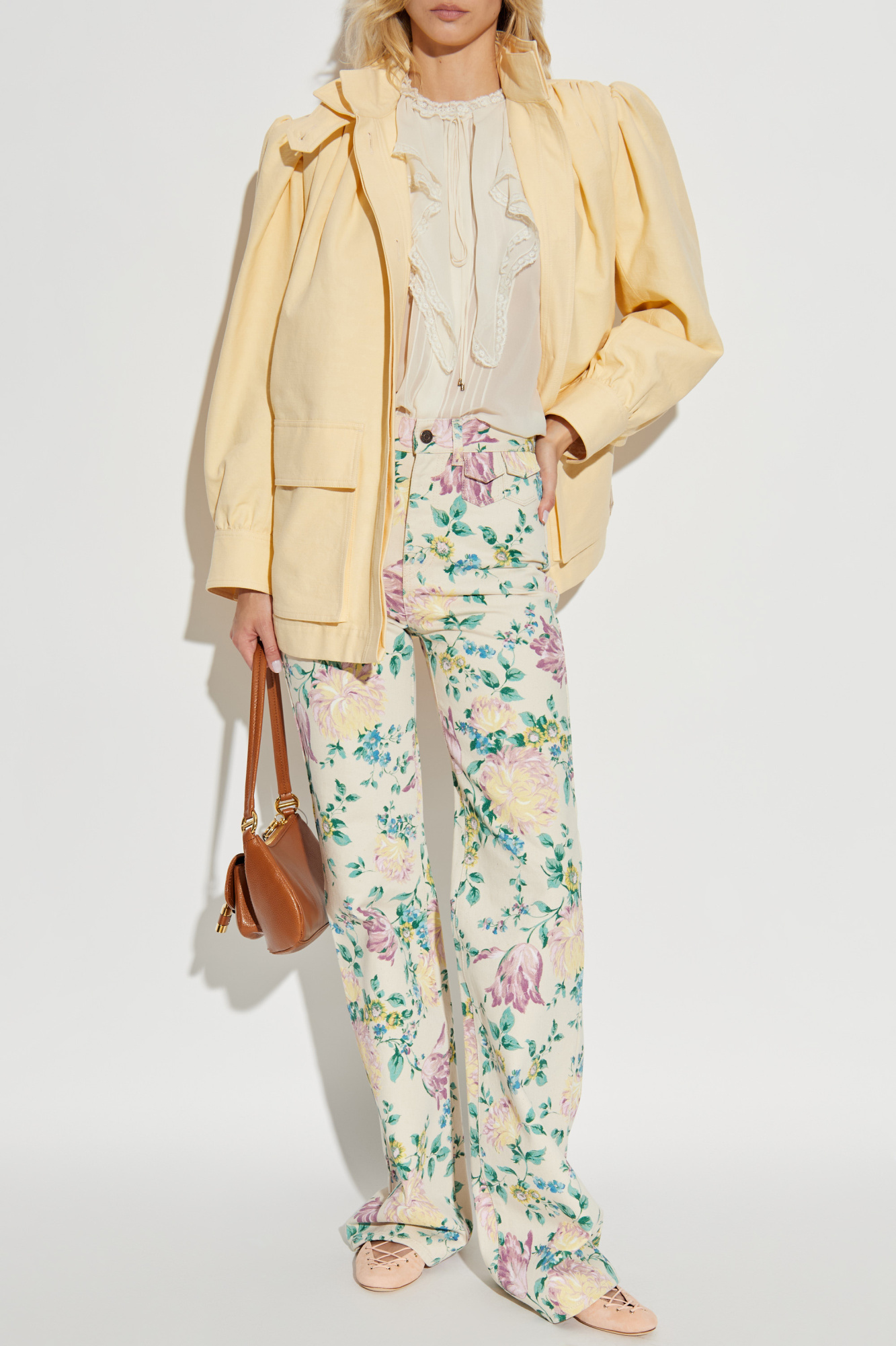 Jeans With Floral Motif, Women's, Cream