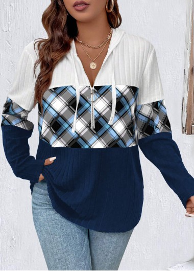 Modlily Navy Zipper Plus Plaid Long Sleeve Hoodie - 2X