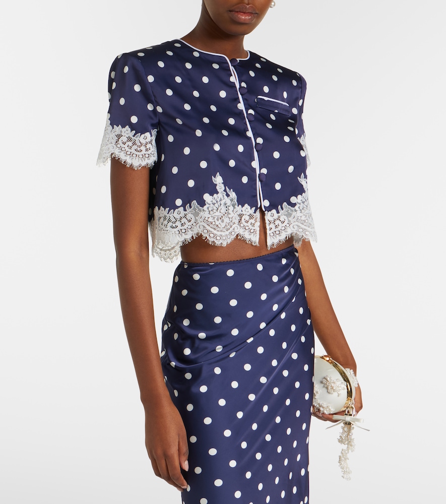 Lace-trimmed polka-dot satin crop top