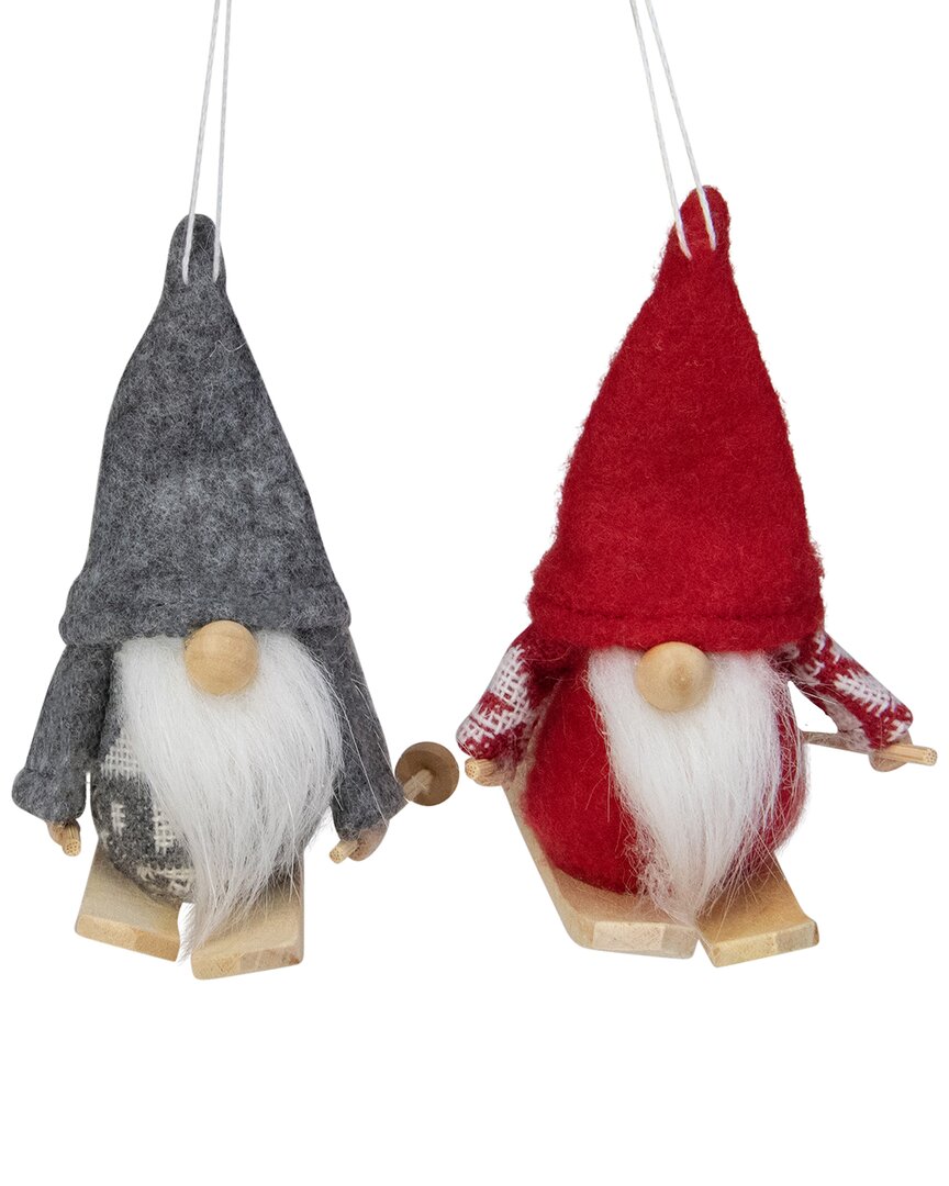 Dnu Unprofitable Northlight Set Of 2 Gray And Red Skiing Santa Gnome Christmas Ornaments 4In
