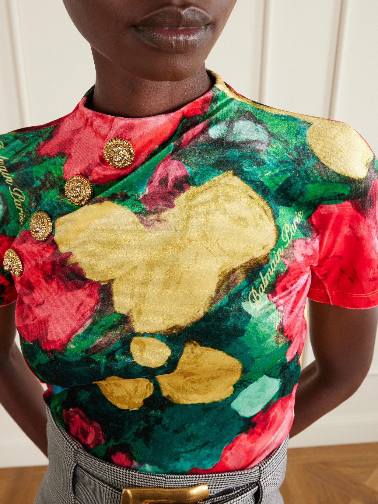 Embellished Floral-print Velvet T-shirt - Green