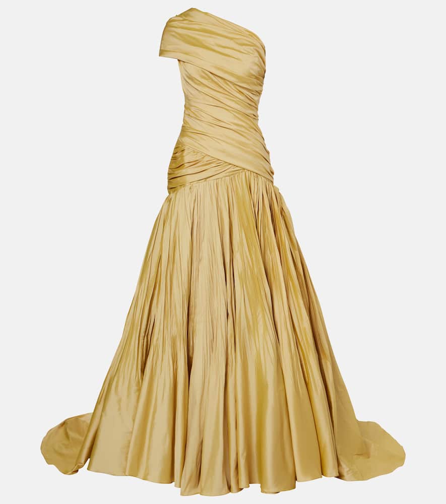Draped one-shoulder taffeta gown