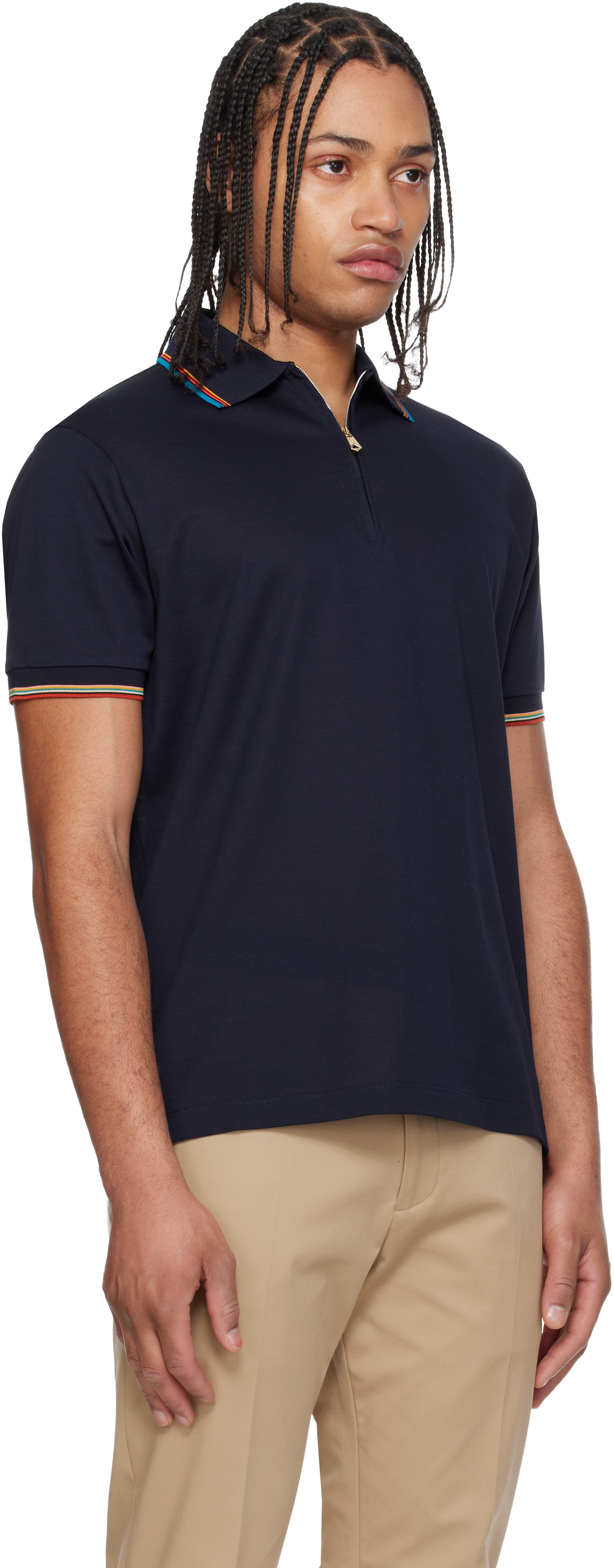 Navy Cotton 'Signature Stripe' Trim Zip Polo Shirt