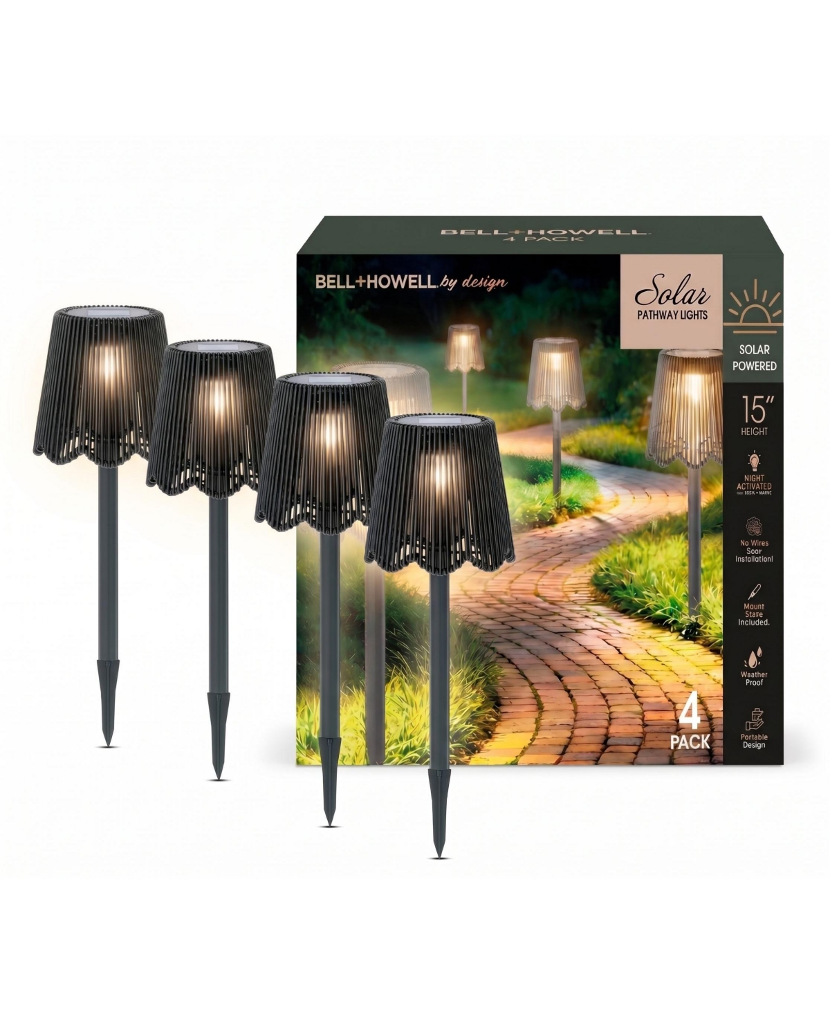 4-Piece Wicker-Style Solar Powered Led Dusk-to-Dawn Weather Resistant Walkway Path Lights - Black