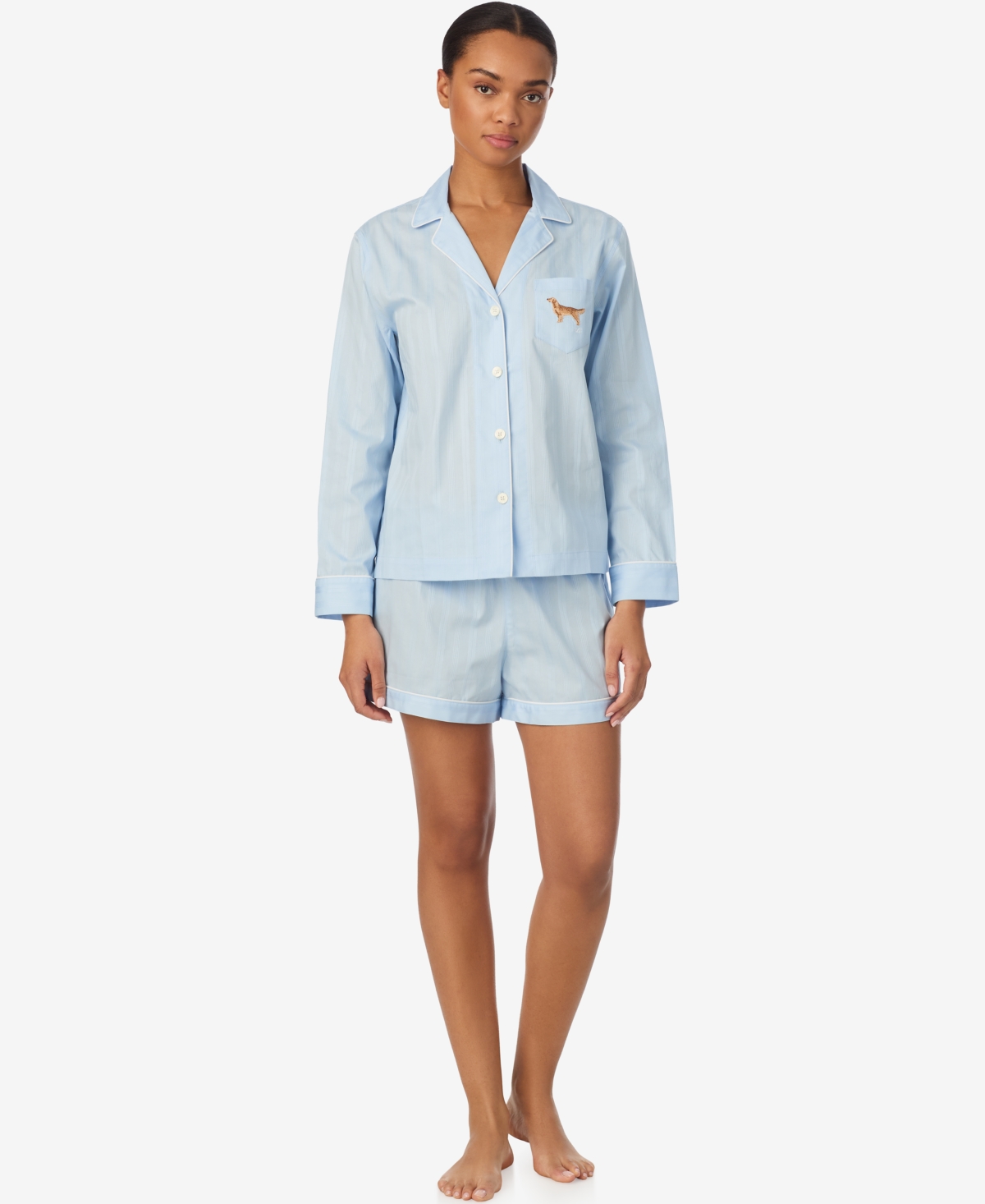 Women's Notch Collar Top and Pajama Shorts, 2-Piece Set - Light Blue Dog
