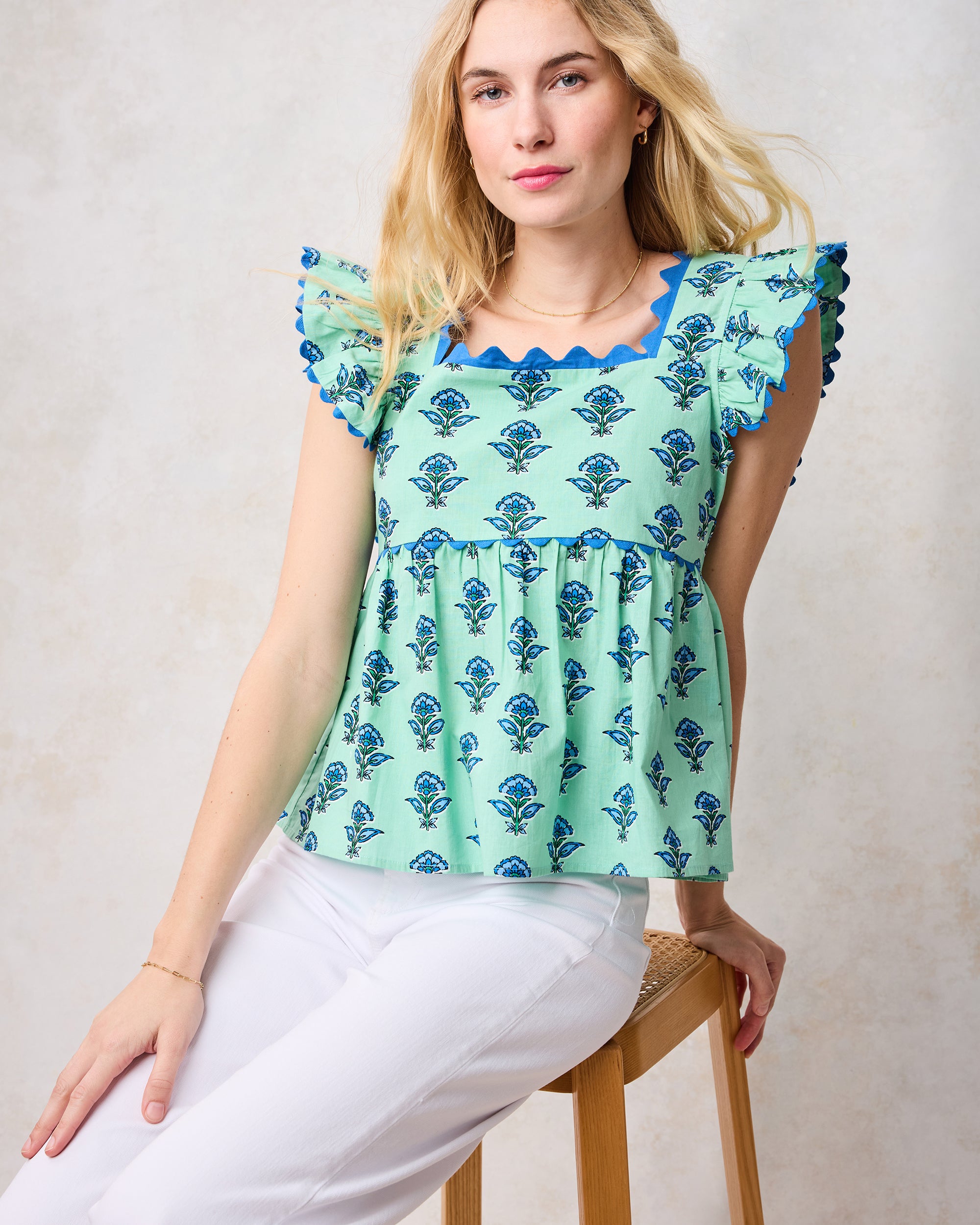 Organic Cotton Scalloped Floral Ruffle Top in Sage | Women's XXS | Blue