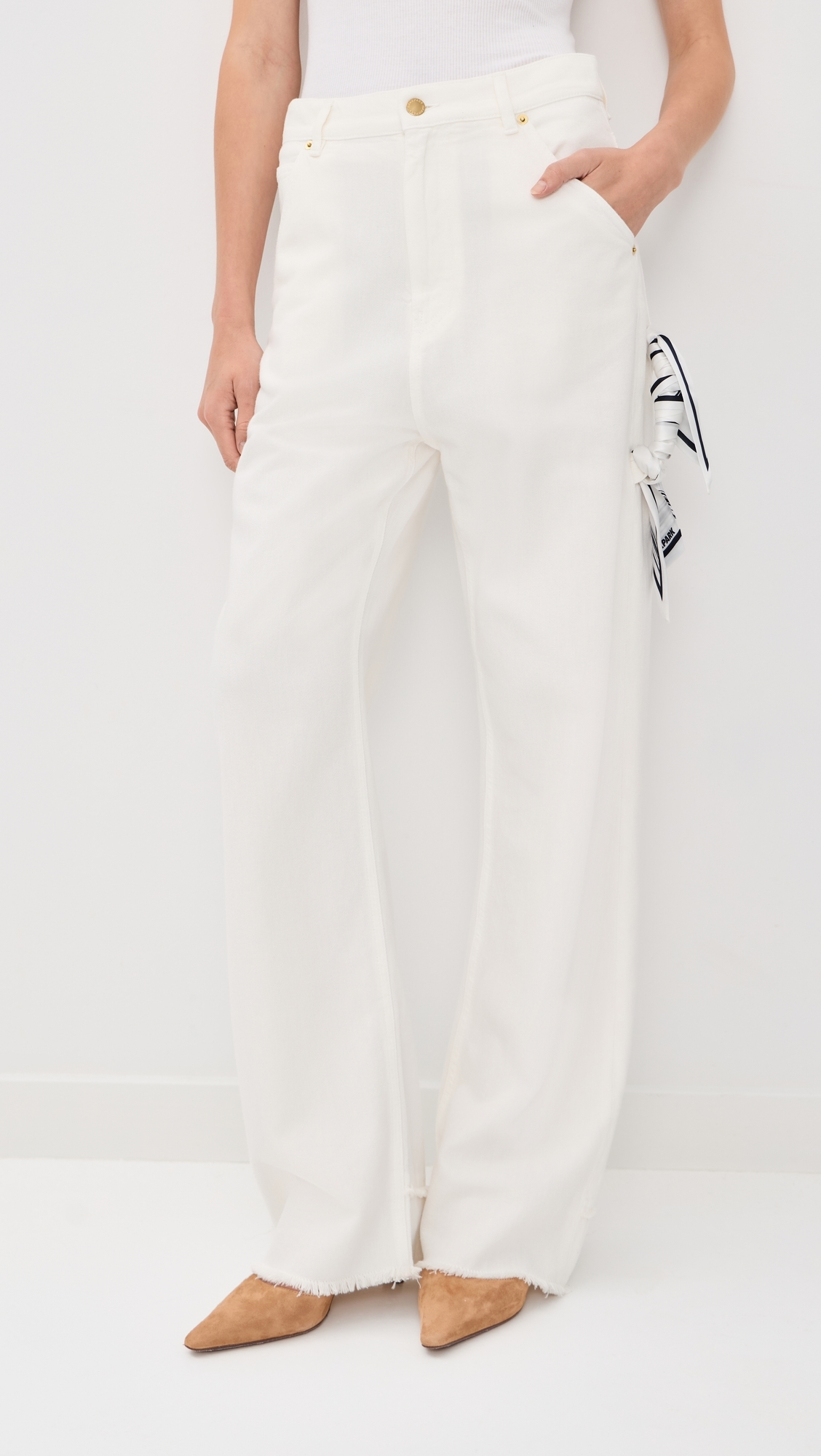 Lisa Scarf Adorned Loose Fit Carpenter Denim Jeans Washed White