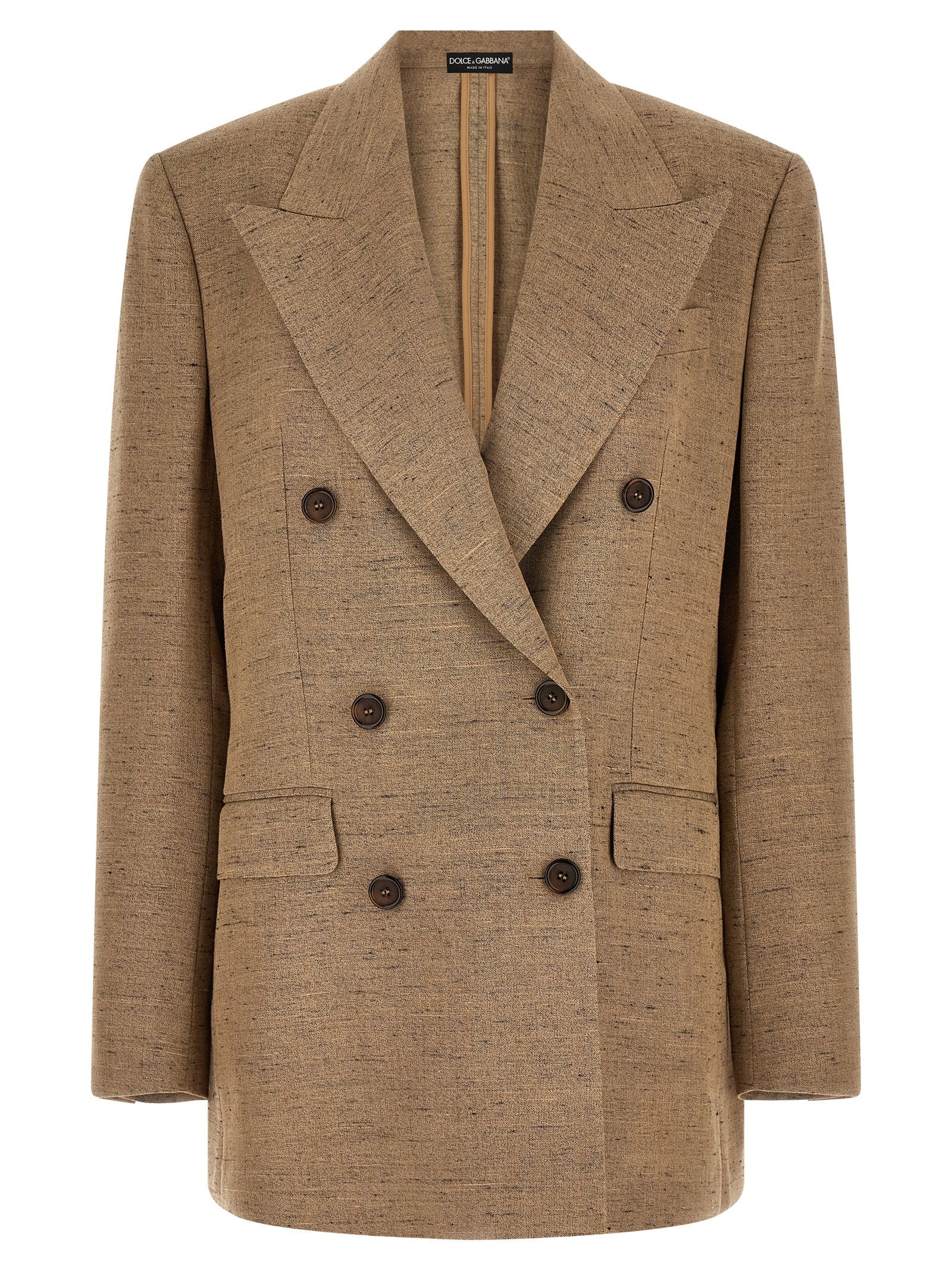 Double-Breasted Linen Blend Tweed Blazer — Camel
