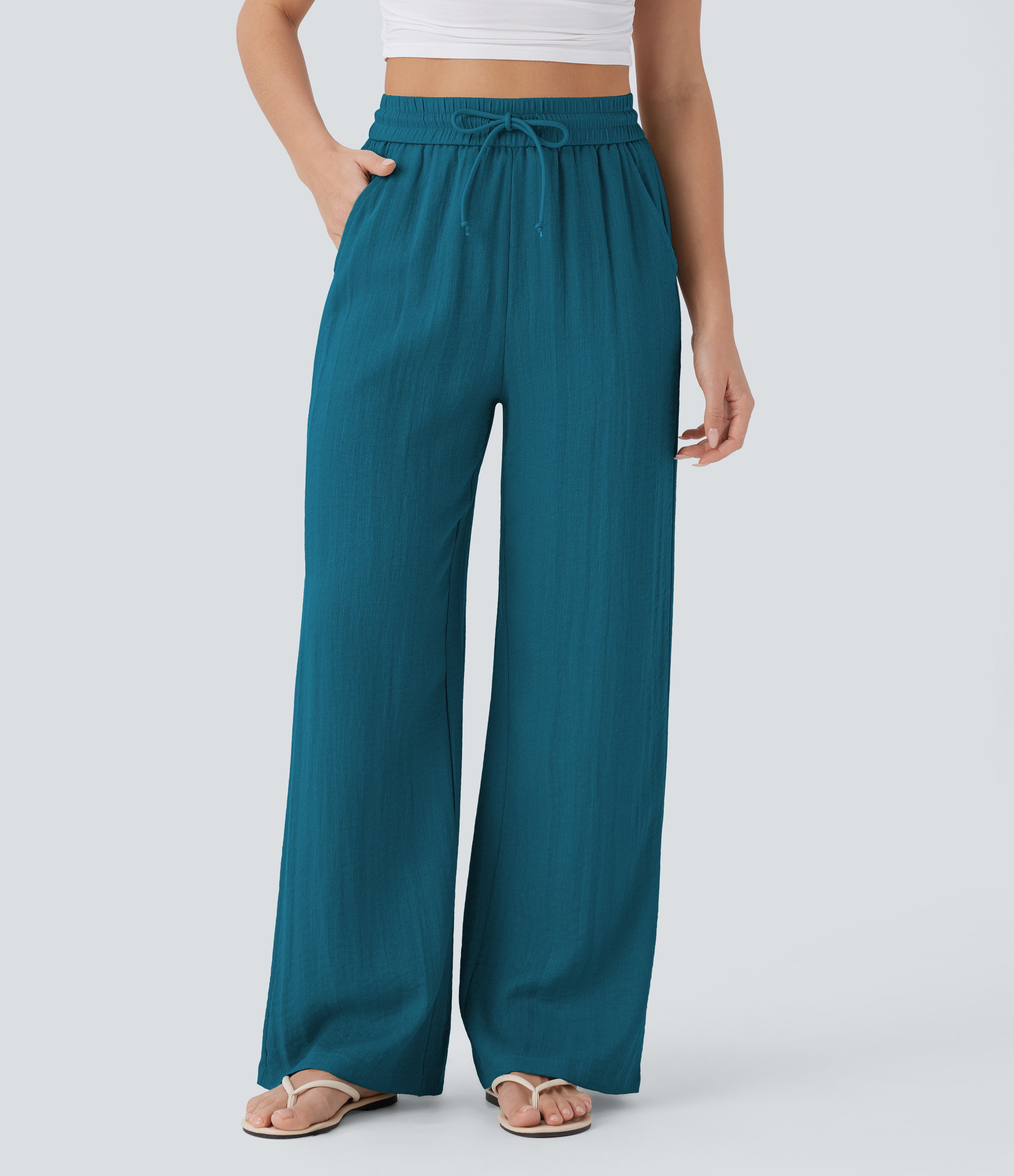 High Waisted Drawstring Pocket Wide Leg Baggy Casual Linen-Feel Pants  - Crystal Teal
