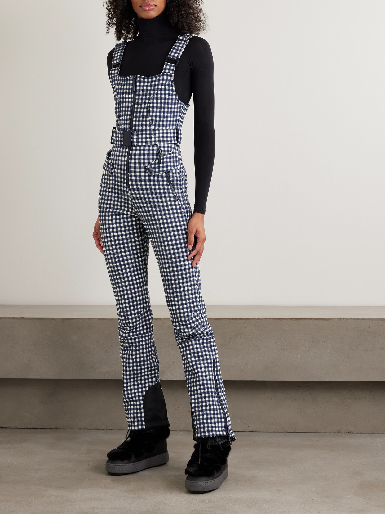Fernie Belted Gingham Seersucker Ski Salopettes - Blue