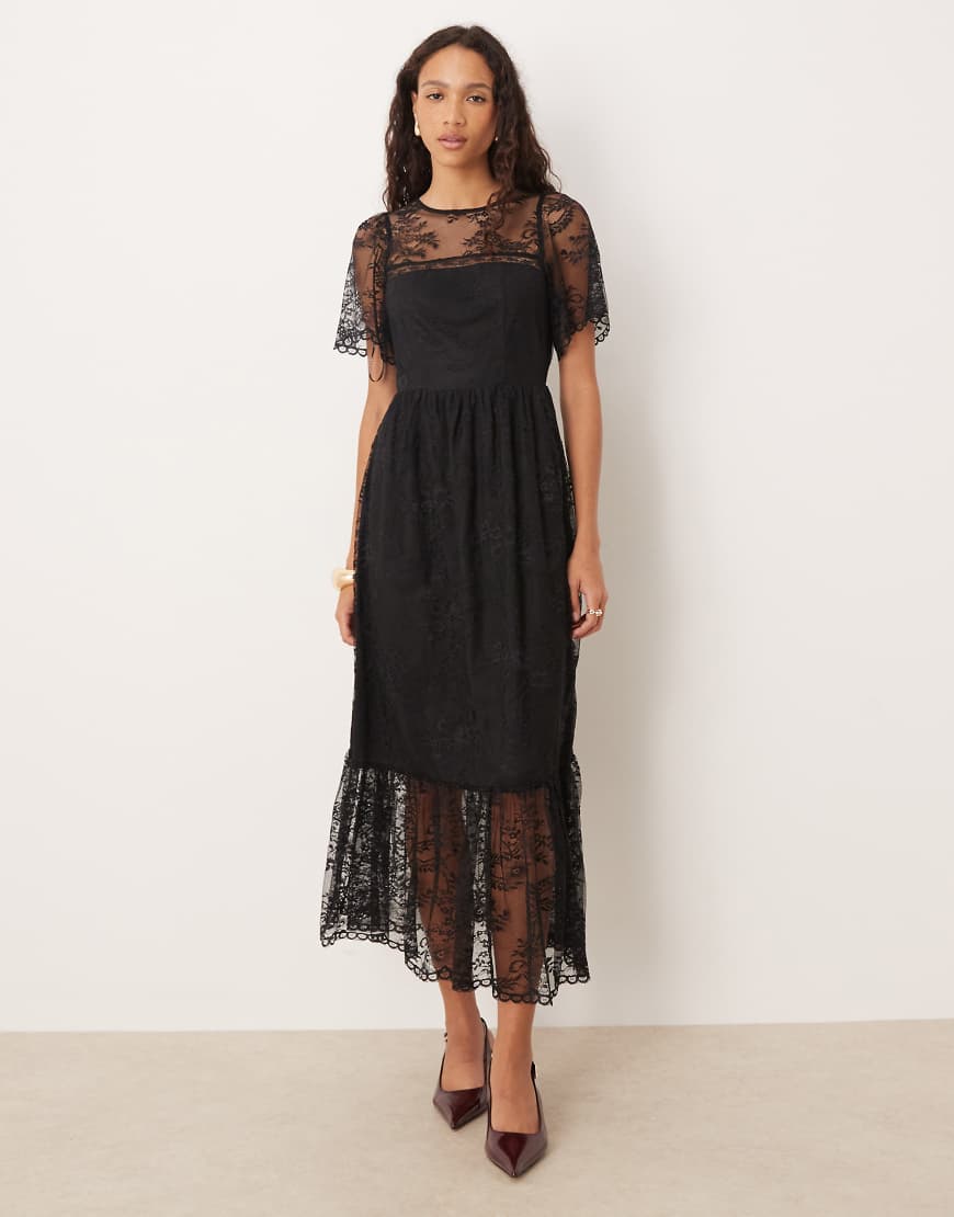Short sleeve lace midi dress in black