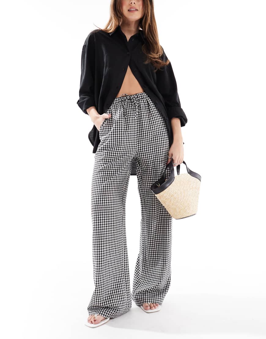 Threadbare gingham tie waist wide leg pants in black and white