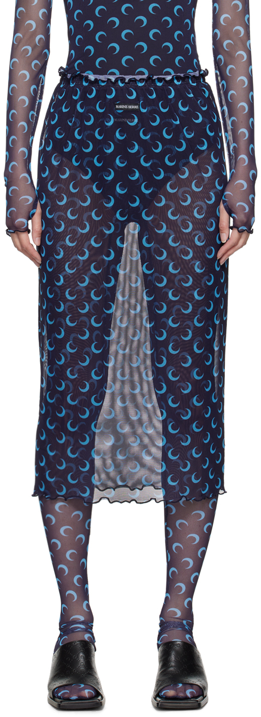 Marine Serre Navy Moon Printed Midi Skirt